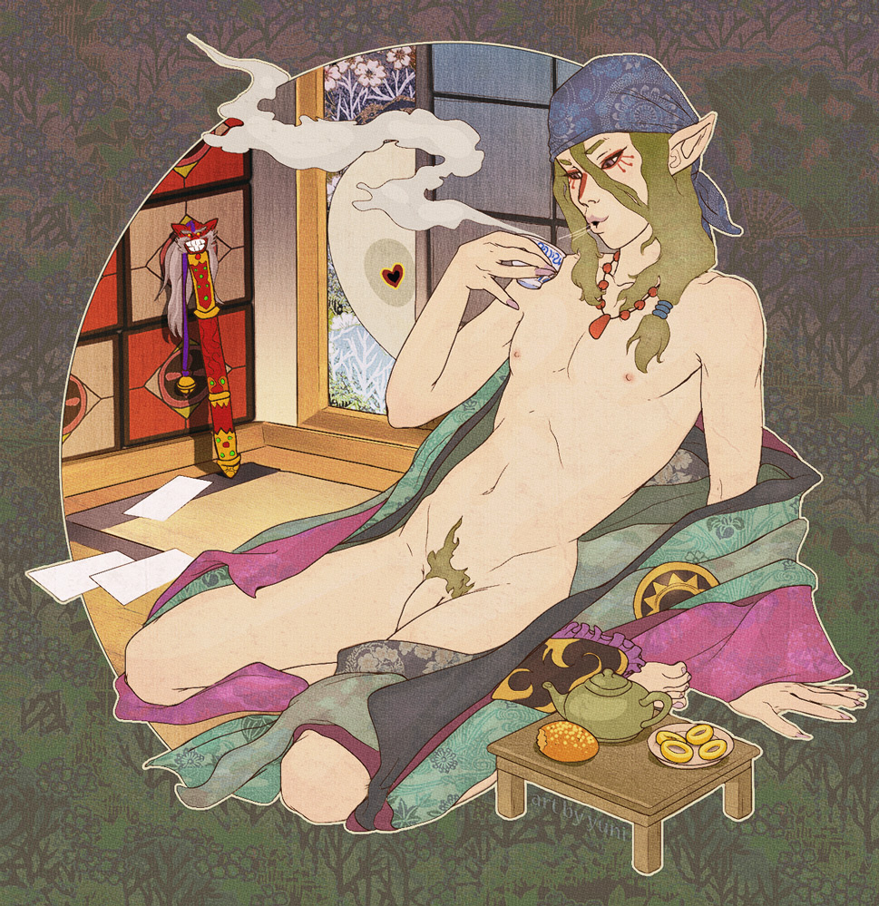 1boy androgynous bandana barefoot bell beverage blowing bread cakes character_request erect_nipples eyeliner facial_mark fingernails flaccid food heart japanese_clothes jewelry jingle_bell kusuriuri kusuriuri_(mononoke) leaning_on_hand long_ears long_fingernails long_hair male male_only mononoke nail_polish navel necklace nipples nude open_clothes pale_skin penis pointy_ears pubic_hair shunga sitting sliding_doors solo steam sword table tattoo tea teapot tied_hair unmoving_pattern yuni