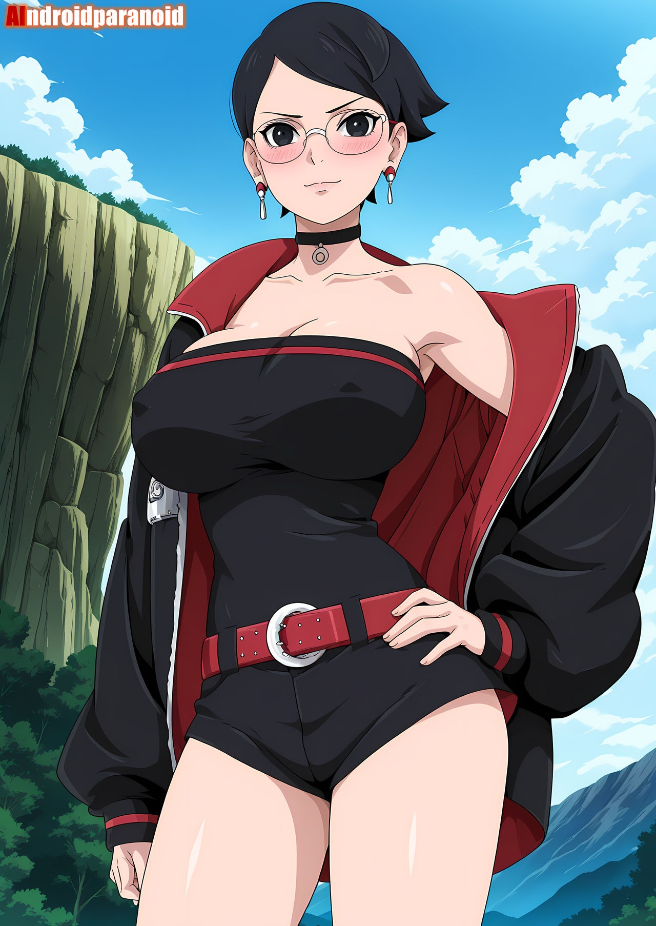 1girls, ai generated, aindroidparanoid, big breasts, big butt, black hair, black jacket, boruto: two blue vortex, breasts, busty, clothed, clothed female, curvy, cute, fat ass, female, female only, glasses, hair, hi res, hips, huge ass, huge breasts, human, jacket, large breasts, legs, narrow waist, naruto, naruto (series), sarada uchiha, slim waist, thick ass, thick thighs, uchiha sarada, voluptuous, waist, wide hips