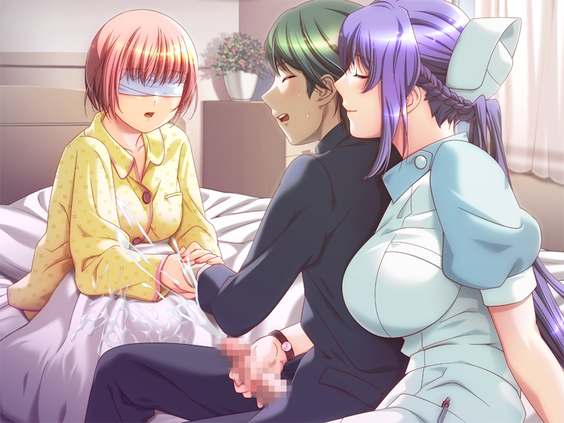 bed blush censored closed_eyes cum cum_on_clothes cumshot game_cg handjob hospital mosaic_censoring nagu_mihara nurse pajamas penis proud purple_hair red_hair smile swindle