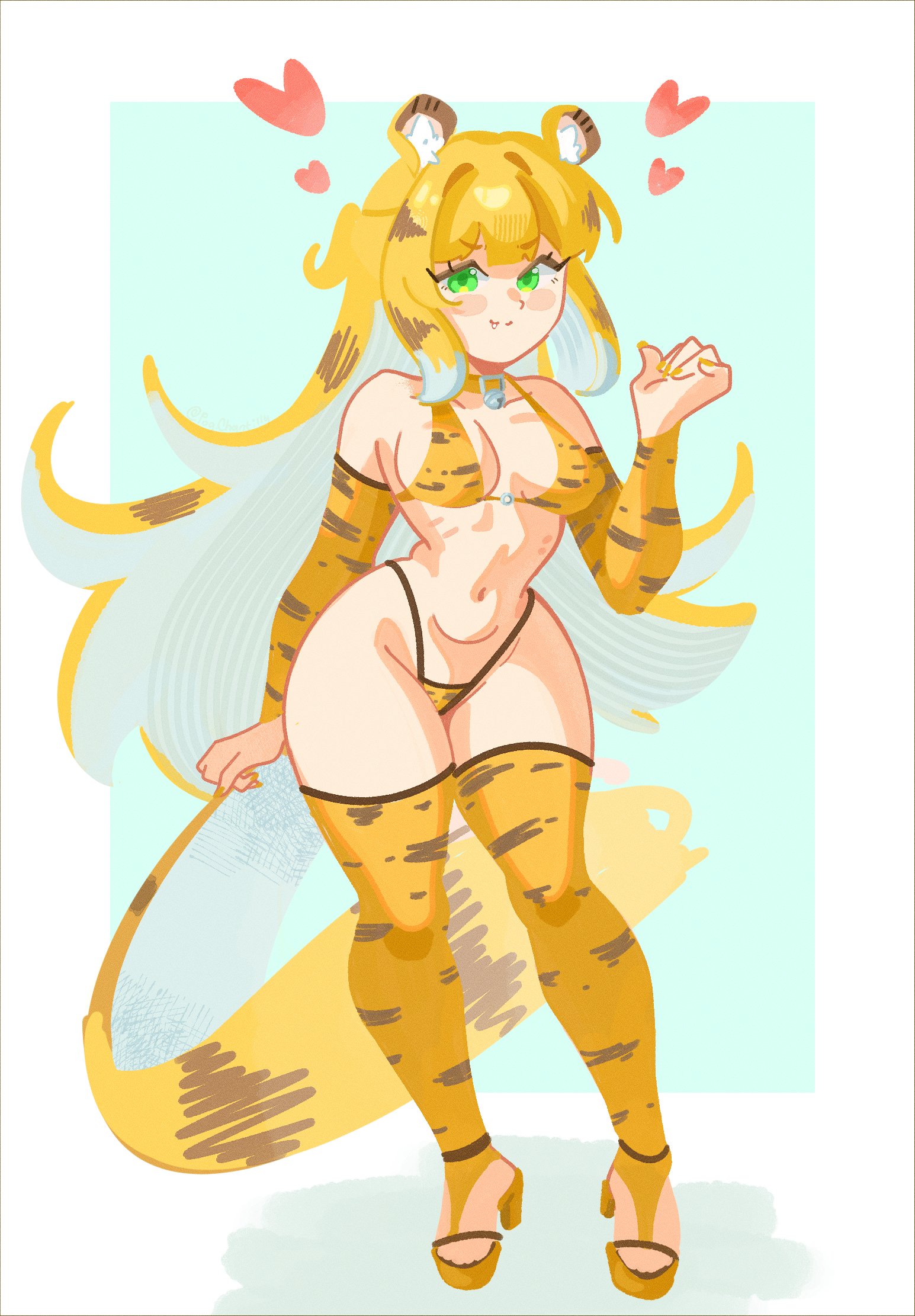 1girl, alternate breast size, athletic, athletic female, bikini, blush, breasts, closed mouth, curvy, detached sleeves, fang, female, highleg bikini, ju fufu, large breasts, pog chantilly, smile, solo, stirrup legwear, thick thighs, thighhighs, thighs, tiger ears, tiger girl, tiger print, tiger tail, toned, voluptuous, wide hips, zenless zone zero