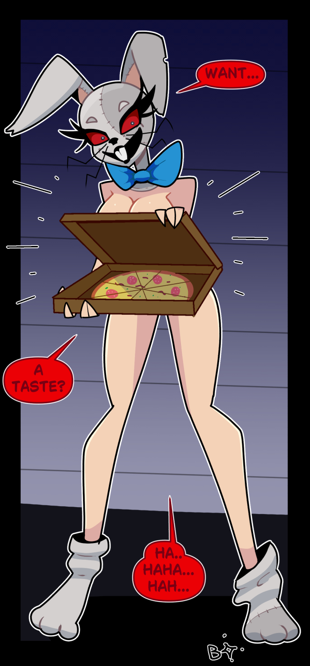 1girls, blightstar, bowtie, bunny ears, bunny mask, convenient censoring, crazy female, dialogue, english text, female, female only, five nights at freddy's, five nights at freddy's: security breach, functionally nude, human, offering food, pizza, pizza box, red sclera, shoes, solo, speech bubble, standing, tagme, talking to viewer, vanessa (fnaf), vanny (fnaf)