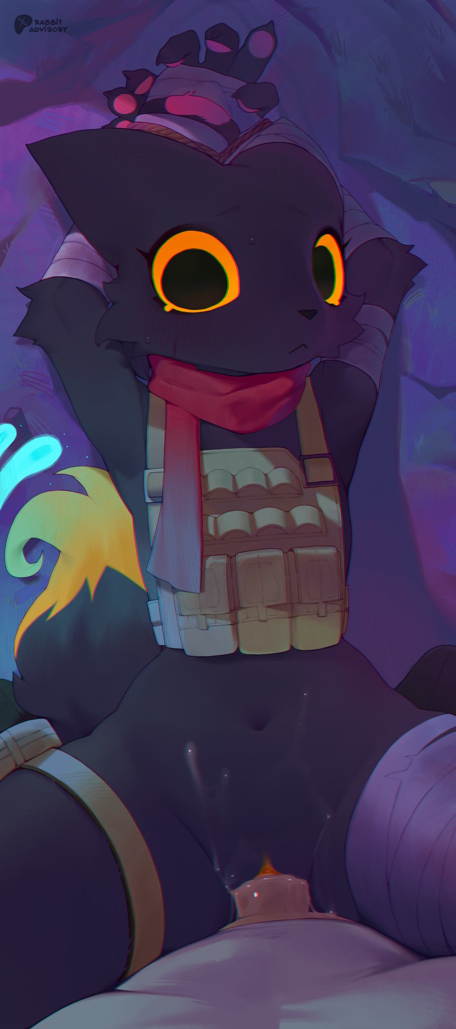 bandage, black body, black fur, bulletproof vest, casualties: unknown, crying, cum, cum in pussy, expie (gunsawian), female, flat chest, furry, holster, human, human on anthro, male, male/female, orange sclera, pink pawpads, rabbitadvisory, red scarf, sex, thick thighs, vaginal penetration