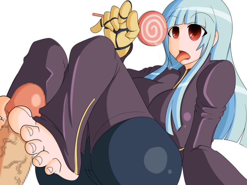 barefoot blue_hair feet footjob king_of_fighters kula_diamond red_eyes saliva saliva_trail snk toes