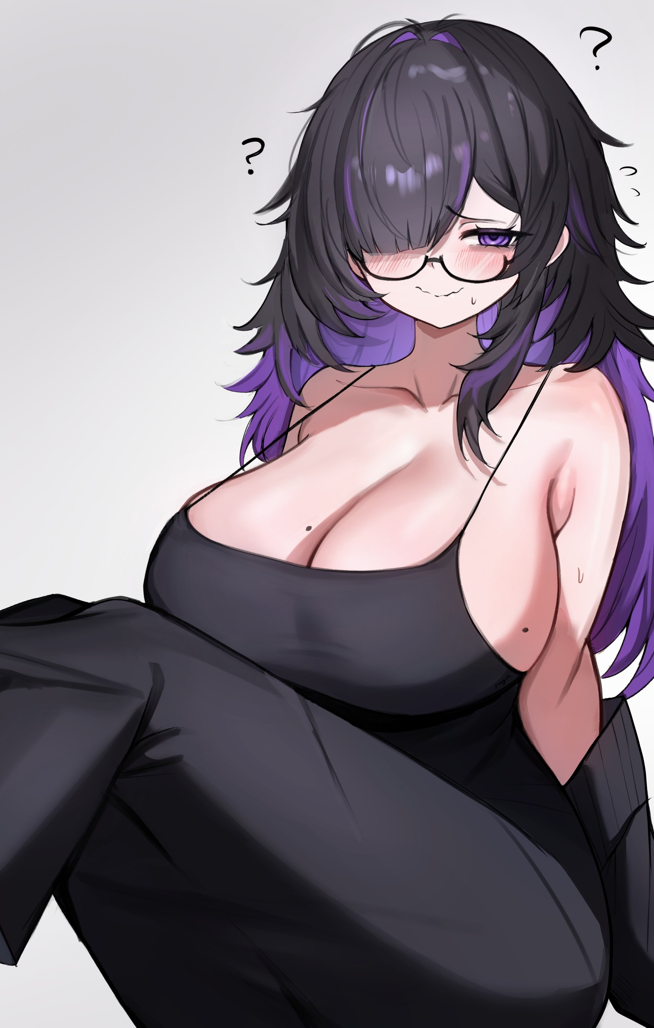 big breasts, black hair, breasts, goddess of victory: nikke, label (nikke), mole on breast, nikke, purple hair, sexy, sexy body, sexy female, sitting, sweatdrop, tagme, tagme (artist)