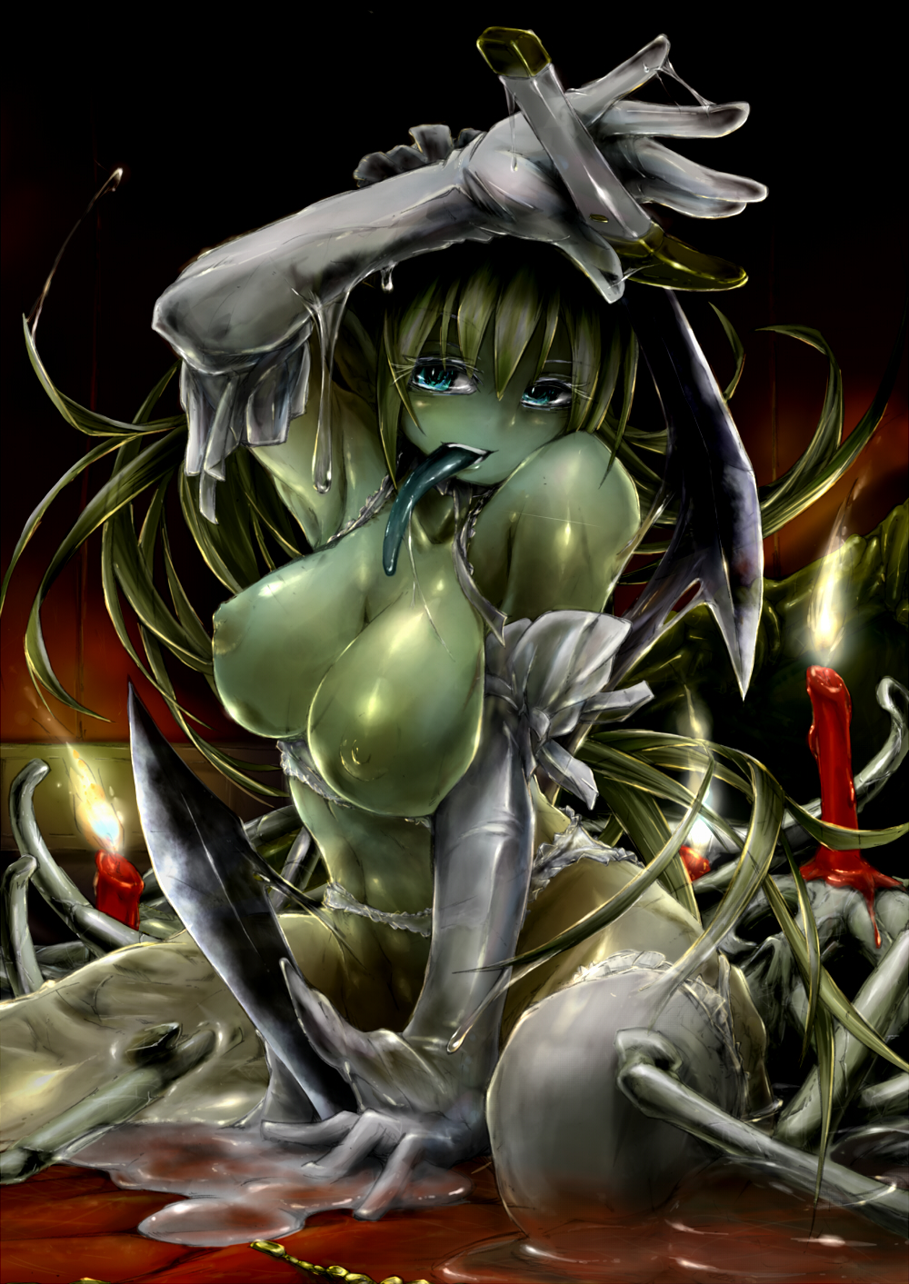 artist request, blue eyes, bone, bones, breasts, candle, dagger, death, dungeons and dragons, elbow gloves, female, gelatinous cube, gloves, goo girl, green hair, green skin, highres, long gloves, long tongue, monster girl, nipples, pixiyu ju, slime, slime girl, thighhighs, tongue, weapon