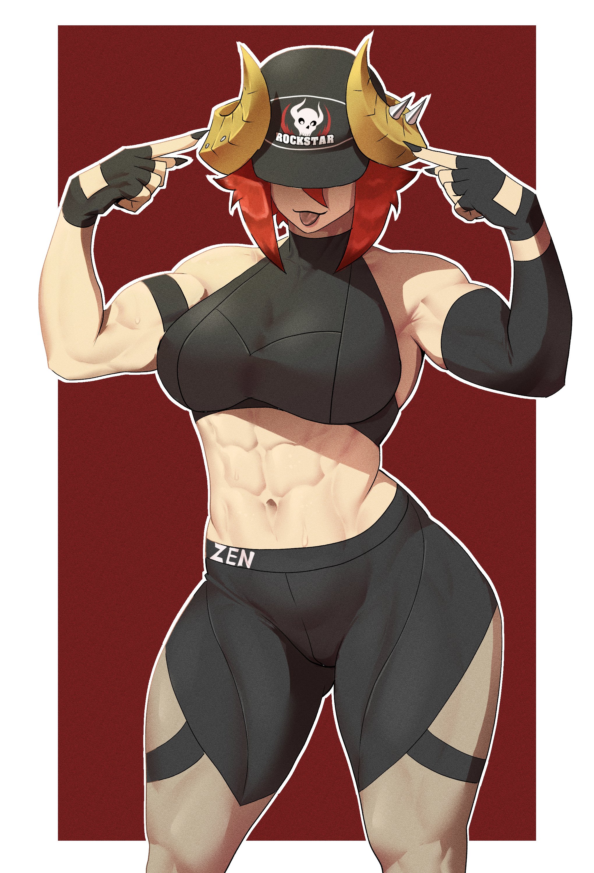 1girls, 2025, 2d, abs, athletic female, big breasts, breasts, clothed, clothed female, female, fit female, gym clothes, hat, hi res, horns, large breasts, light skin, light-skinned female, miru5, muscular, muscular female, muscular thighs, pinup, pinup pose, red hair, red-haired female, short hair, short-haired female, socks agency, solo, thick thighs, tongue, tongue out, virtual youtuber, vtuber, wide hips, workout clothes, zentreya, zentreya (dragon)