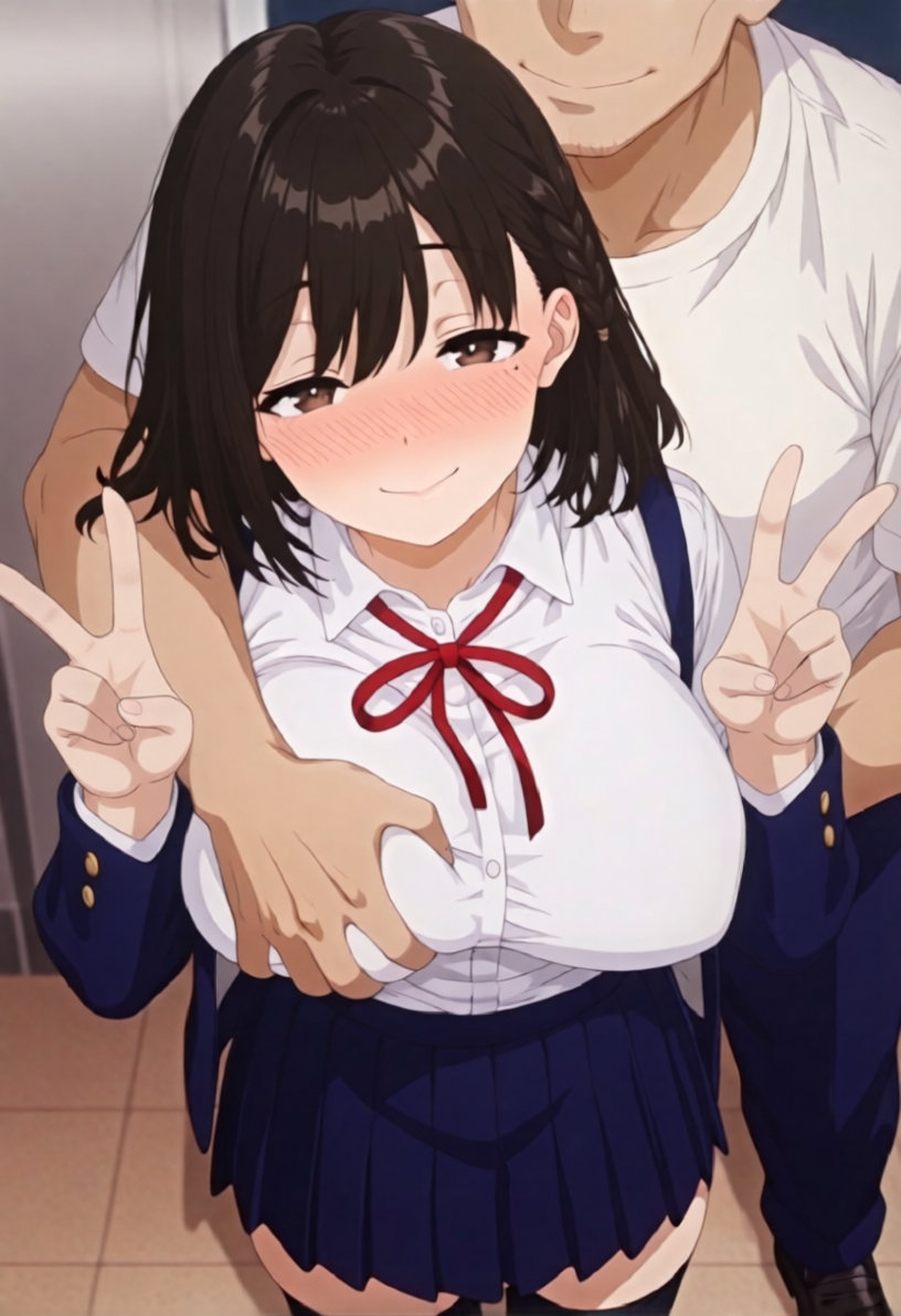 1boy, 1girls, adult and teenager, age difference, ai generated, bangs, bare breasts, bare chest, bare thighs, before sex, big breasts, blazer, blush, bowtie, braid, breast grab, breasts, breasts out, brown eyes, brown hair, busty, cheating, cheating girlfriend, clothing, cuckold, cuckold pov, embarrassed, exposed breasts, faceless male, female, female focus, from above, front view, grabbing another's breast, grabbing from behind, groping, groping breasts, hair ornament, hairbow, hand on breast, head tilt, imminent sex, jacket, large breasts, male, midriff, molestation, navel, netorare, no bra, no bra under clothes, ntr, older male and younger female, open clothes, open shirt, oppai, peace sign, pink nipples, pov, pov hands, puffy nipples, raised leg, sagging breasts, school uniform, schoolgirl, serizawa yukiha, shirt, short hair, shoulder length hair, shy, skirt, stockholm syndrome, stockings, submissive, submissive female, teenage female, teenager, thick thighs, thighhighs, thighs, top heavy, top heavy breasts, toshoshitsu no kanojo seiso na kimi ga ochiru made, unbuttoned, unbuttoned shirt, uncensored, v sign, viewed from above, voluptuous, voluptuous female