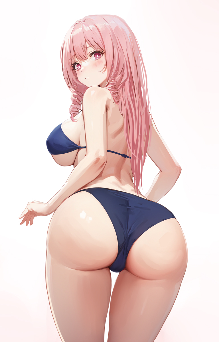 1girls 2d ass ayla_(punishing:_gray_raven) back bare_arms bare_shoulders bikini blue_bikini blush breasts bright_pupils closed_mouth cowboy_shot drill_hair embarrassed eyelashes from_behind furrowed_brow hair_between_eyes haruyuki_(karem) huge_ass large_breasts long_hair looking_at_viewer looking_back pink_eyes pink_hair punishing:_gray_raven side_drill simple_background solo standing string_bikini swimsuit thigh_gap thighs turning_head underboob white_background white_pupils