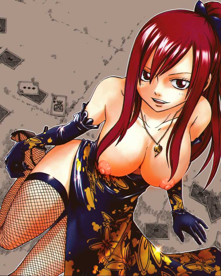 1girls, breasts, dress, elbow gloves, erza scarlet, fairy tail, female, fishnets, gloves, high heels, jewelry, large breasts, long hair, necklace, photoshop, red eyes, red hair, red-haired female, solo, thighhighs