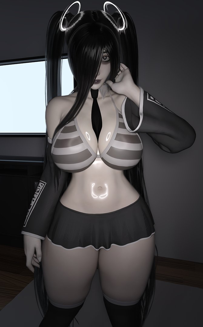 big breasts, bikini top, black hair, hatsune miku (cosplay), long hair, popogori, sadako yamamura, shiny skin, skirt, slight smile, television, thick thighs