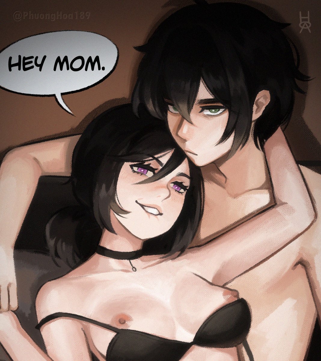 1boy, 1girls, 2d, andrew graves, arm around neck, arms around partner, ashley graves, black hair, bra, breasts, brother and sister, caught, caught by mother, choker, dialogue, english text, female, green eyes, incest, looking at viewer, male, phuonghoa198, pink eyes, ponytail, siblings, straight, the coffin of andy and leyley