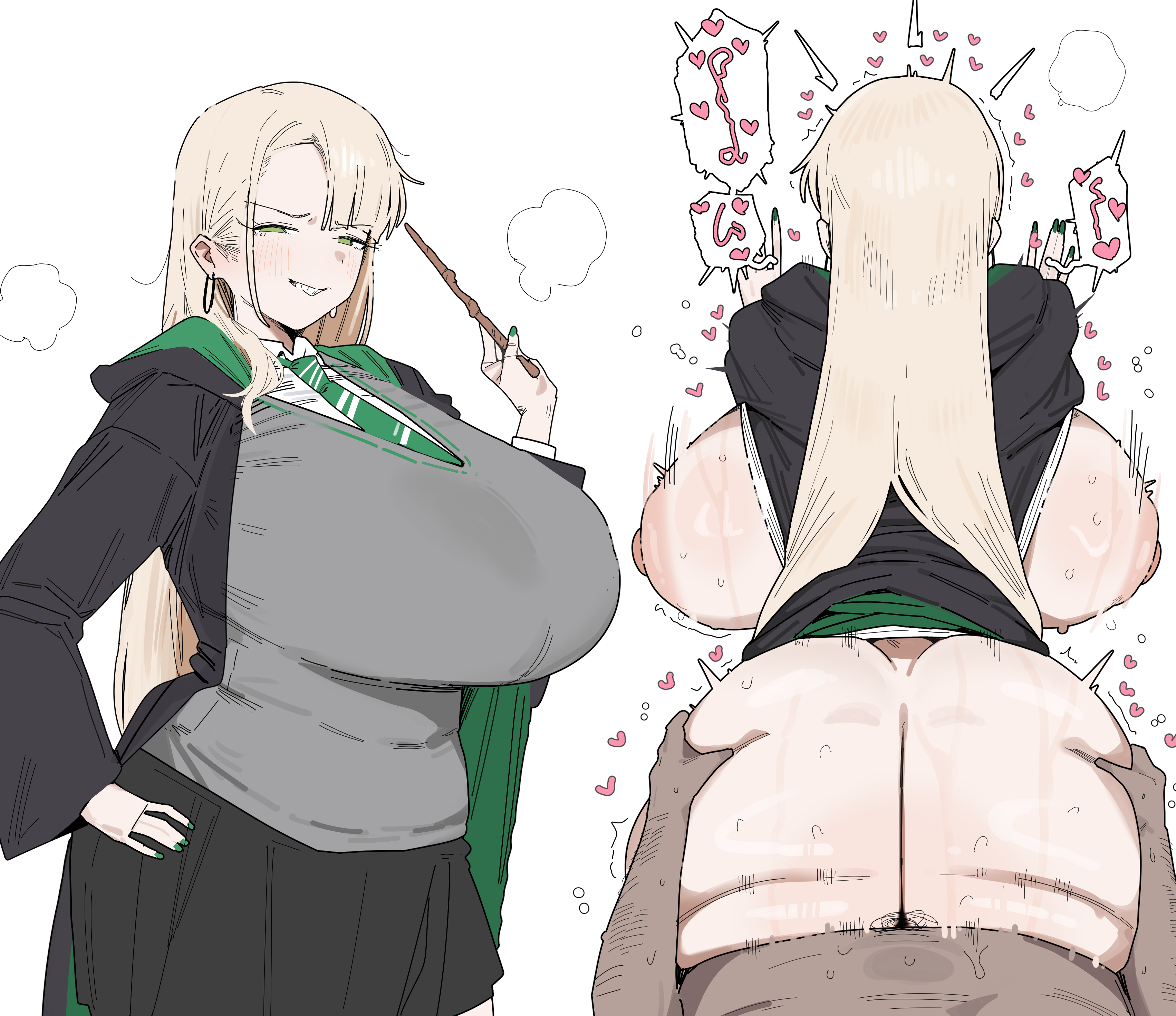 1boy, 1girls, ass, ass grab, big ass, big breasts, black skirt, blonde hair, breasts, bubble butt, citizen k, curvy, draco malfoy, draco malfoy (redteneri), earrings, fat ass, female, genderswap, genderswap (mtf), grabbing another's ass, grabbing ass, green eyes, green nails, green necktie, grey sweater, harry potter, hi res, highres, huge ass, huge breasts, large ass, large breasts, long hair, male, nail polish, necktie, nipples, rule 63, school uniform, sex, sex from behind, skirt, sweater, thick, voluptuous, wand, wide hips