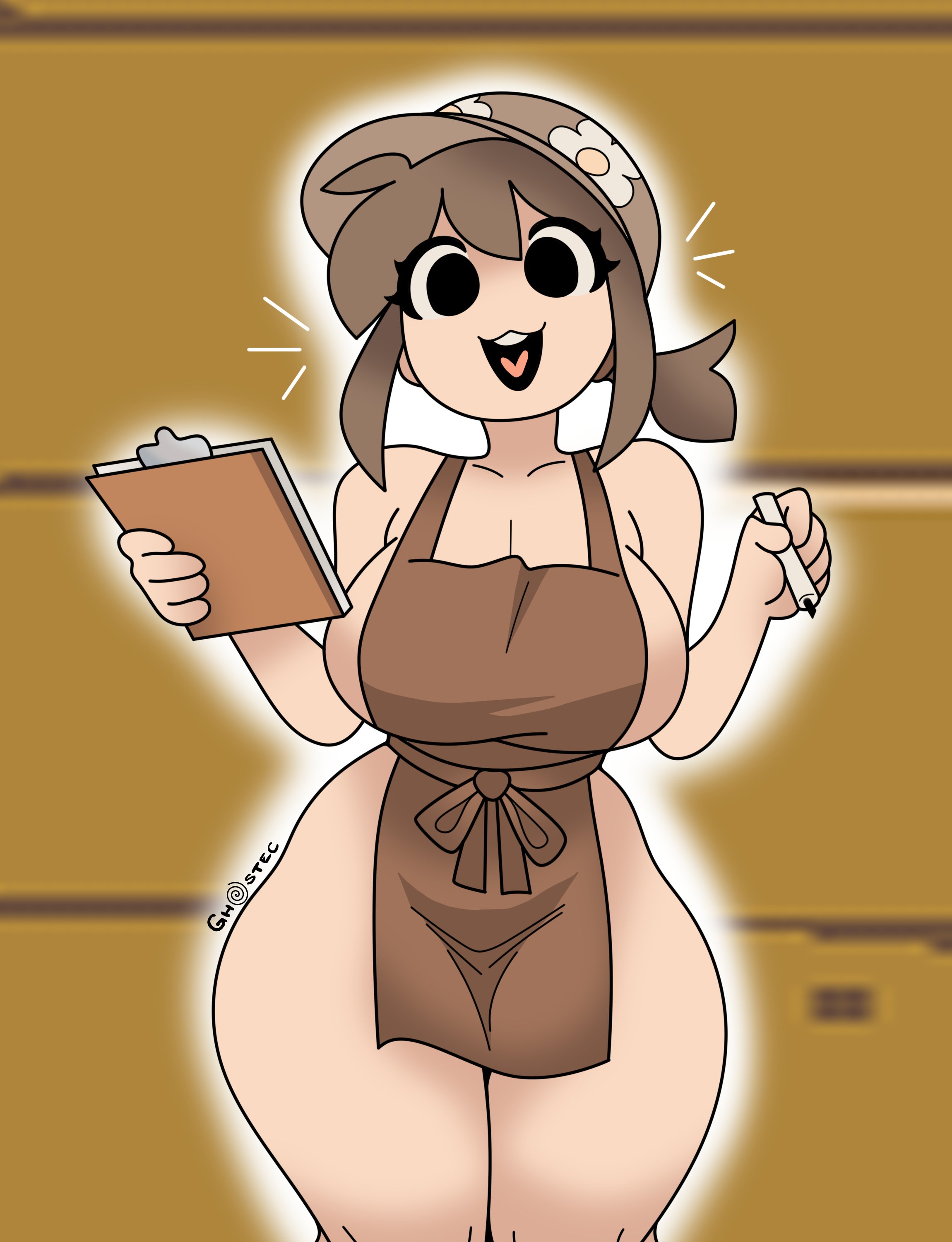 :3, 1girls, apron, apron only, artist name, big breasts, black eyes, breasts, brown hair, cap, clipboard, deltarune, female, gh0stec, hat, open mouth, pen, ponytail, sideboob, smile, tagme, temmie chang, undertale, undertale (series), watermark, youtube