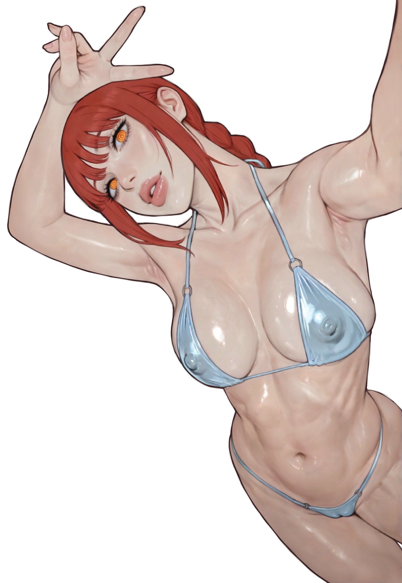 1girls, armpits, big breasts, big lips, bikini, bikini bottom, bikini top, bottomwear, braid, braided hair, breasts, cameltoe, chainsaw man, cleavage, female, female only, hair, hips, jefferson ulisses, lips, makima (chainsaw man), nipple bulge, nipples visible through clothing, parted lips, peace sign, red hair, smile, solo, solo female, swimwear, thick lips, thighs, topwear, white background, white bikini, yellow eyes