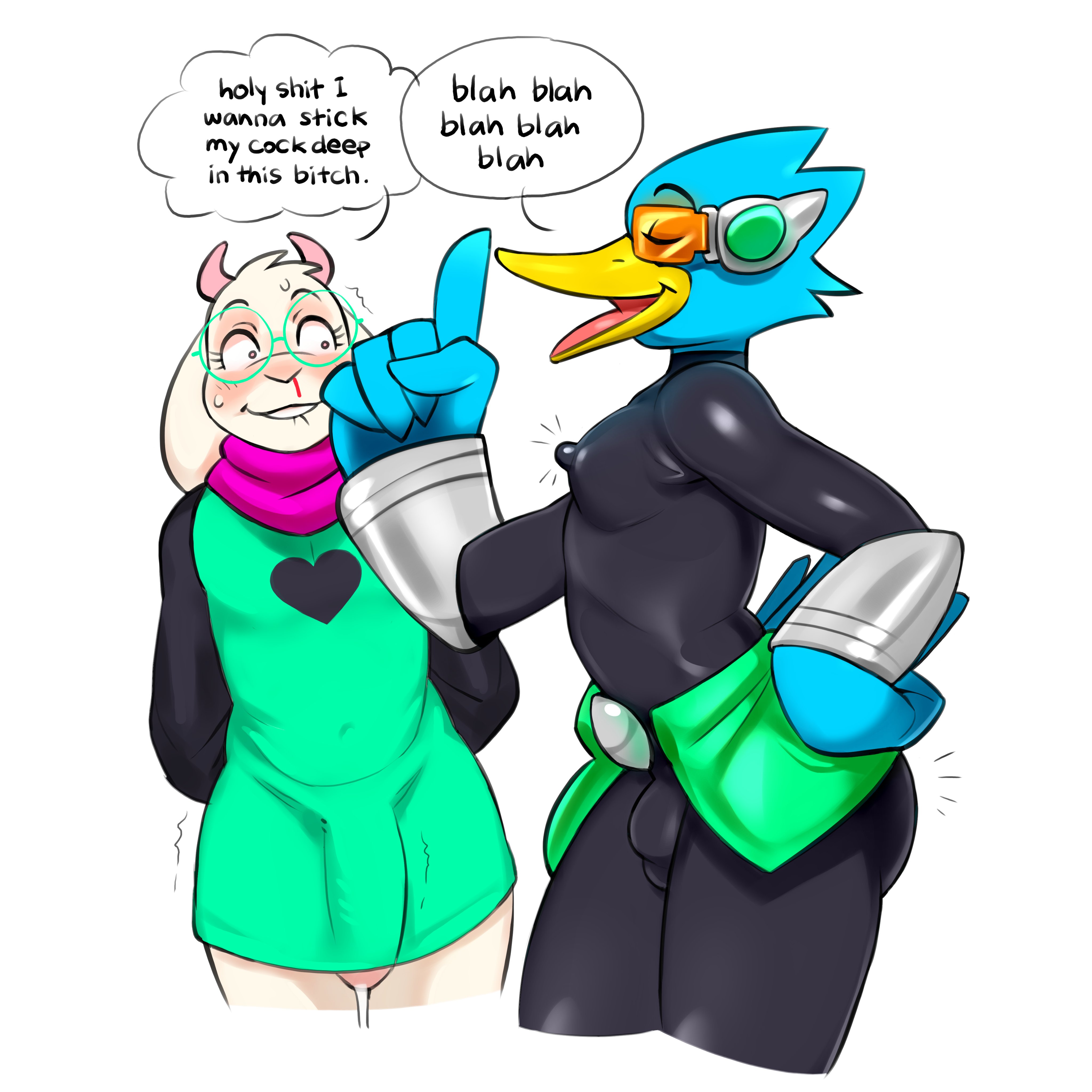 2026, 2d, anthro, avian, baxxd, berdly, bird, biting lip, blush, bodysuit, bulge, bulge through clothing, clothing, deltarune, dialogue, excited, femboy, femboydom, fur, furry, gay, glasses, goat, goat boy, goat humanoid, horns, horny, horny male, huge cock, hung trap, leaking precum, lip biting, nosebleed, perky nipples, pink eyes, precum, ralsei, skin tight, staring, staring at another, sweat, yaoi