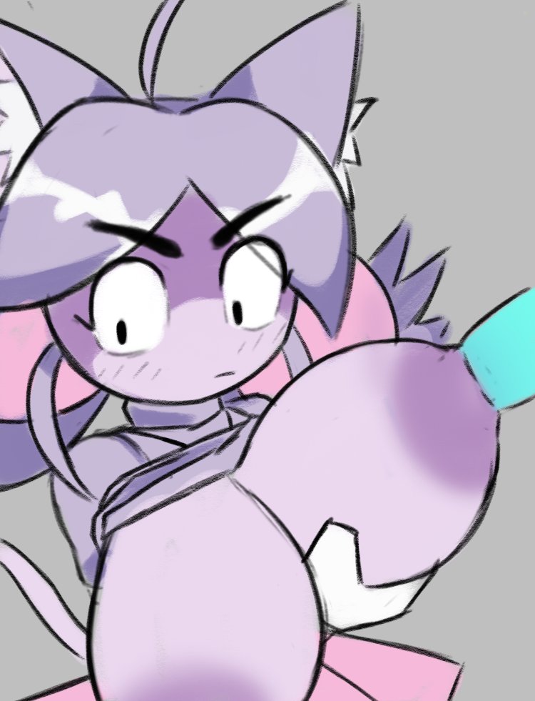 1boy, 1girls, ahoge, angry, animal ear fluff, animal ears, animal tail, black eyes, breasts, cat ears, cat girl, cat tail, closed mouth, colored nipples, deltarune, female, gloves, grey background, hair bobbles, holding breast, huge breasts, irritable ghost (deltarune), kris (deltarune), mad mew mew, male, nipple fucking, nipple penetration, nipples, penis, pink (deltarune), pink skirt, pleated skirt, purple hair, purple shirt, shaded face, shirt, shirt lift, short hair, simple background, skirt, swoiffer2, tail, turtleneck, turtleneck shirt, utdr (toby fox), veiny penis, white gloves