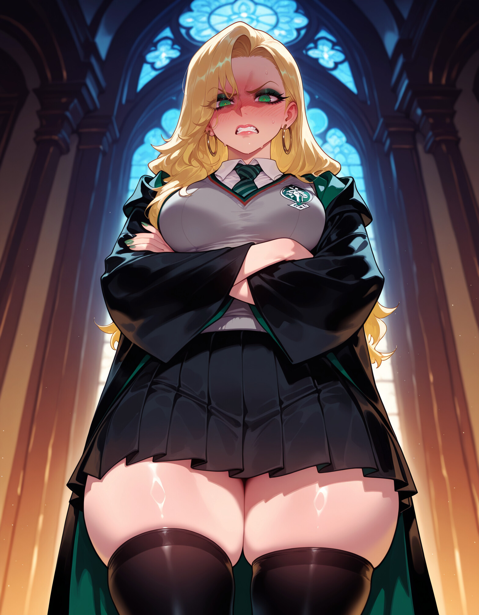 1girl, ai generated, angry, balecxi, black skirt, black thighhighs, blonde hair, clenched teeth, crossed arms, draco malfoy, draco malfoy (redteneri), earrings, from below, green eyes, green nails, green necktie, harry potter, hogwarts school uniform, indoors, jewelry, large breasts, long hair, looking at viewer, pleated skirt, school uniform, shirt, skindentation, solo, thick thighs