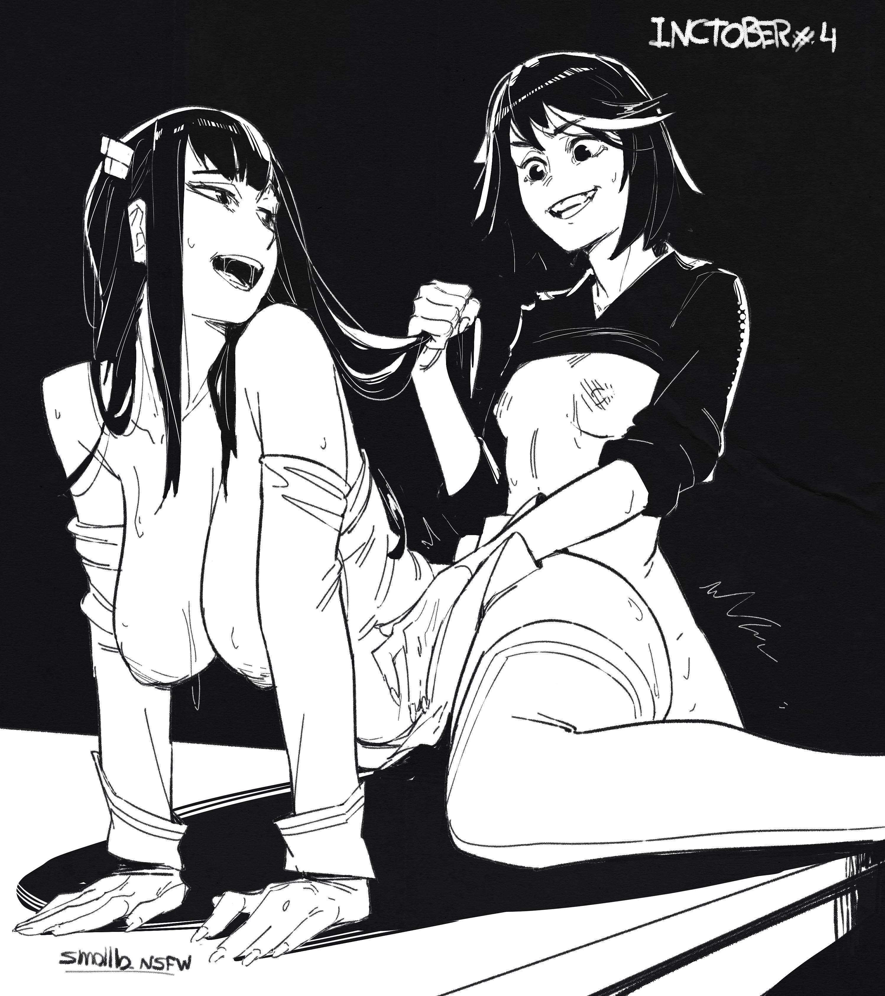 2girls, bent over, big breasts, black hair, black-haired female, breasts, breasts out, female, female focus, female only, hair pull, hand on hip, incest, kill la kill, kiryuuin satsuki, matoi ryuuko, moaning, moaning female, moaning in pleasure, multiple girls, older sister, older sister and younger sister, penetration, penetration from behind, senin, sisters, small breasts, vaginal penetration, younger sister, yuri