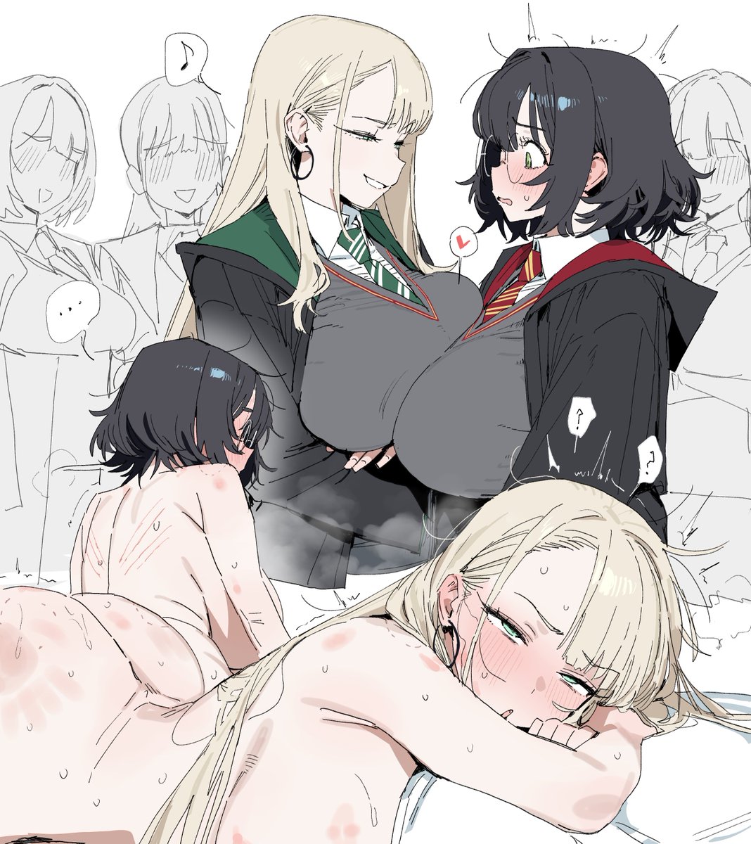 2girls, black hair, black hair female, blonde female, blonde hair, draco malfoy, draco malfoy (redteneri), earrings, fucked silly, glasses, harry james potter, harry potter, hoop earrings, lesbian, rule 63, sapphic, spank marks