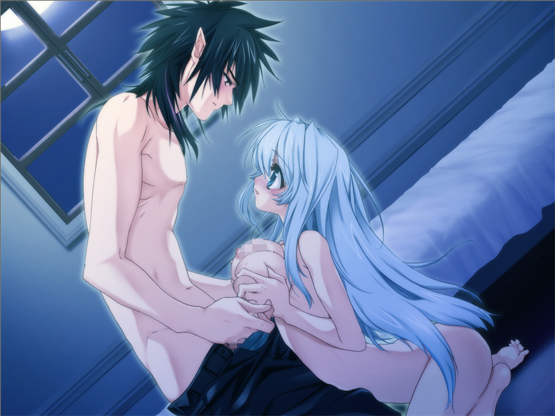 1boy 1girls ashe_(under_the_moon) bed blue_eyes blue_hair blush breasts censored female game_cg kneeling long_hair male nude paizuri penis straight toujou_sakana under_the_moon zero_(under_the_moon)