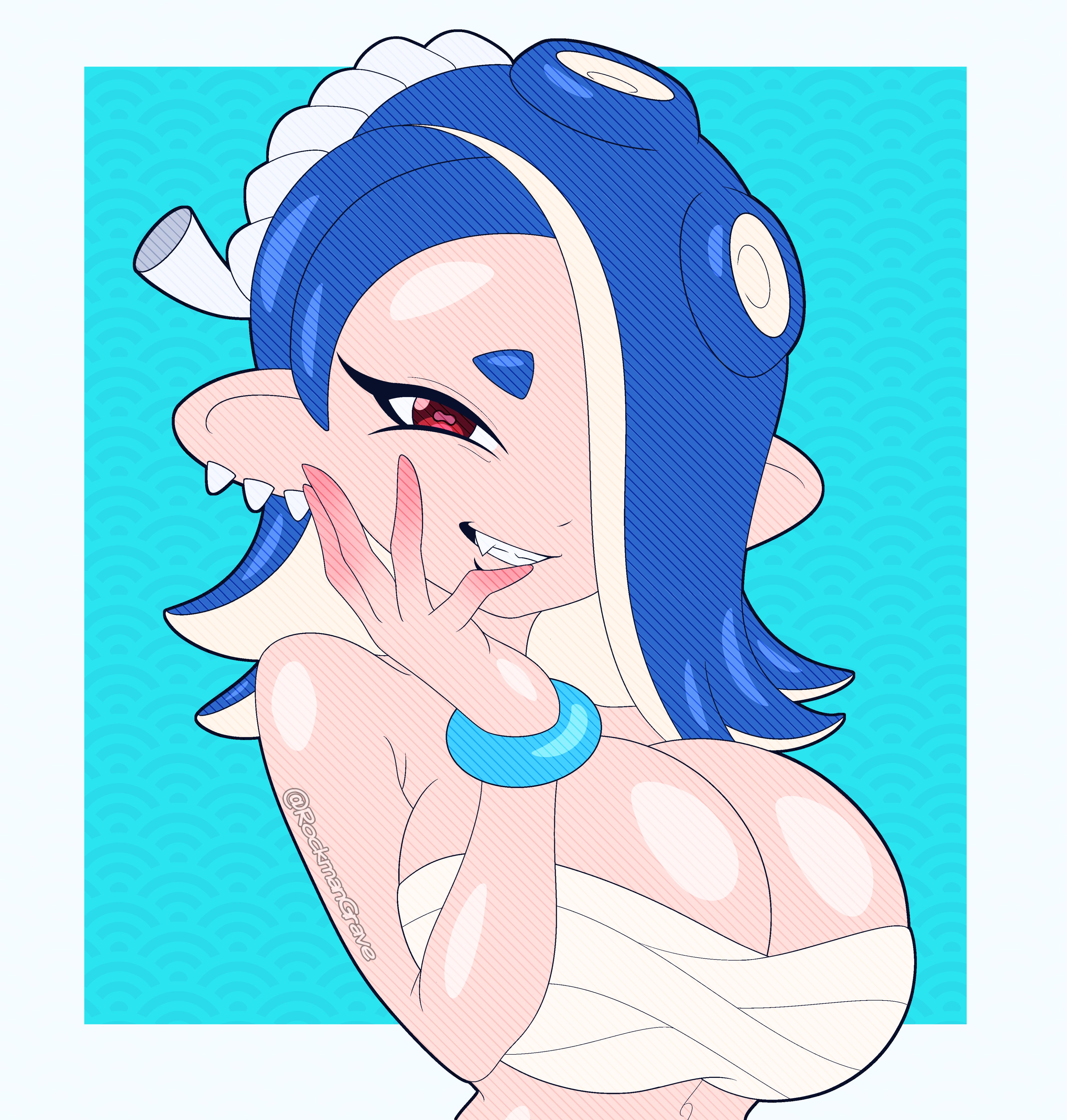 1girls, alternate breast size, big breasts, blue hair, cleavage, huge breasts, looking at viewer, nintendo, rockmangrave, sarashi, shiver (splatoon), splatoon, splatoon 3