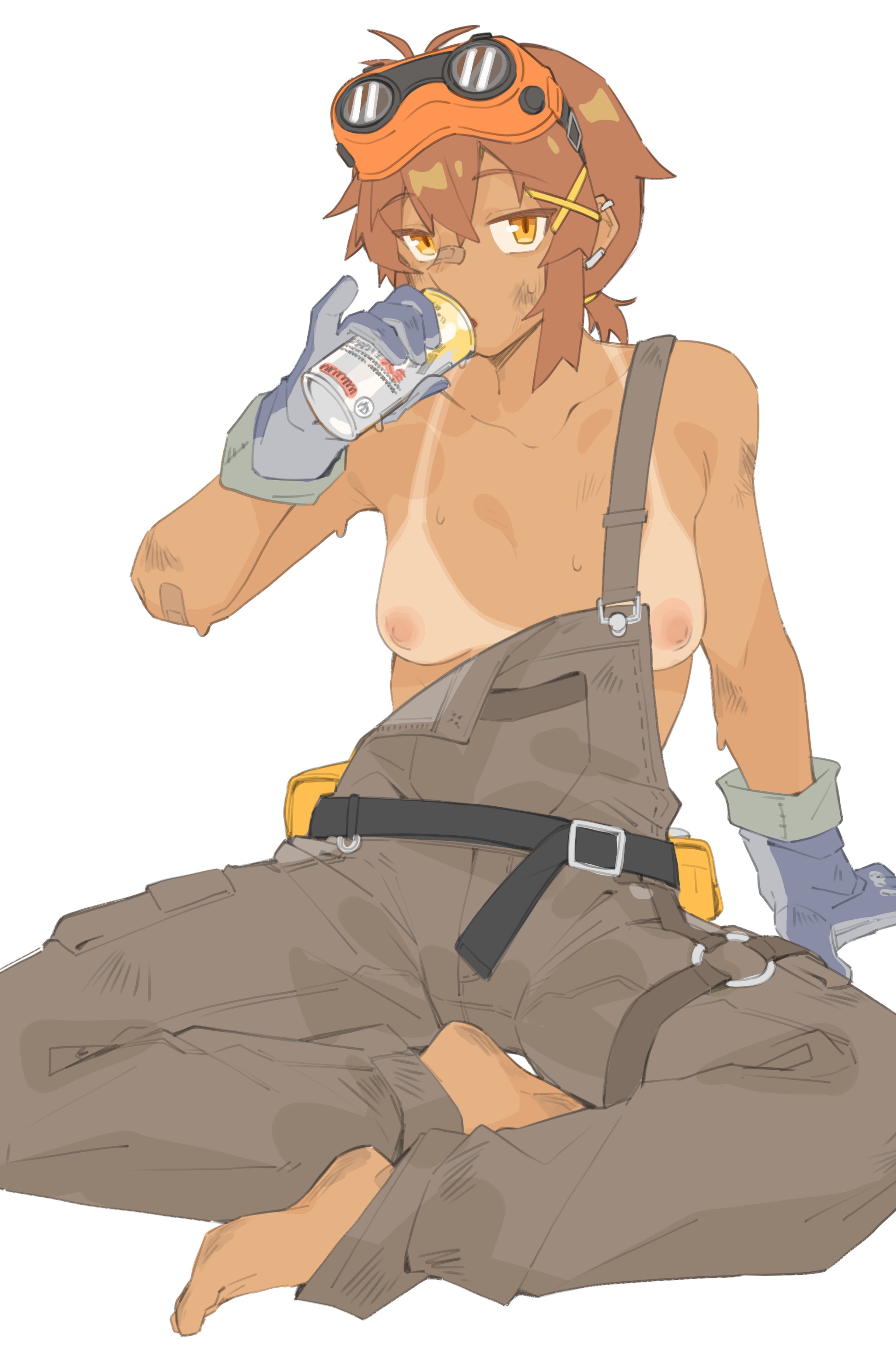 1girls, aluminum can, breasts out, drinking, engineer, kokuya28, tan skin, tanline, tanned, tomboy