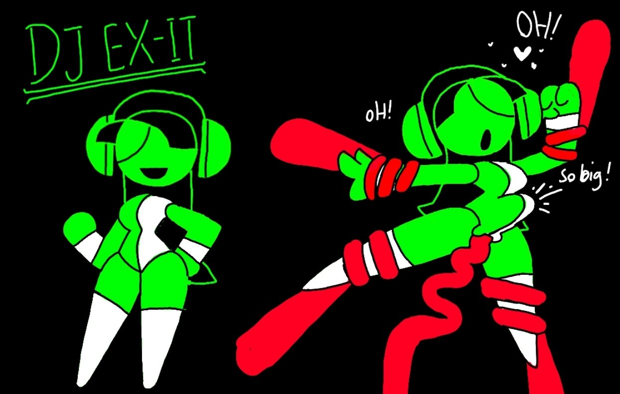 1girls, 2023, 2d, 2d (artwork), abdominal bulge, alexonjaychara, baseball cap, black hair, bracelets, breasts, circle head, circular head, deep penetration, dialogue, dj exit (minus8), english, english text, eyeless, female, full body, green body, green skin, headphones, hidden eyes, leotard, long hair, mob face, open mouth, open mouth smile, penetration, penetration through clothes, pictographics, pussy, restrained, restrained by tentacles, simple face, smile, solo, stick figure, stickman, stickwoman, stomach bulge, tentacle, tentacle sex, text, thighhighs, thighs, vaginal, vaginal penetration, white thighhighs