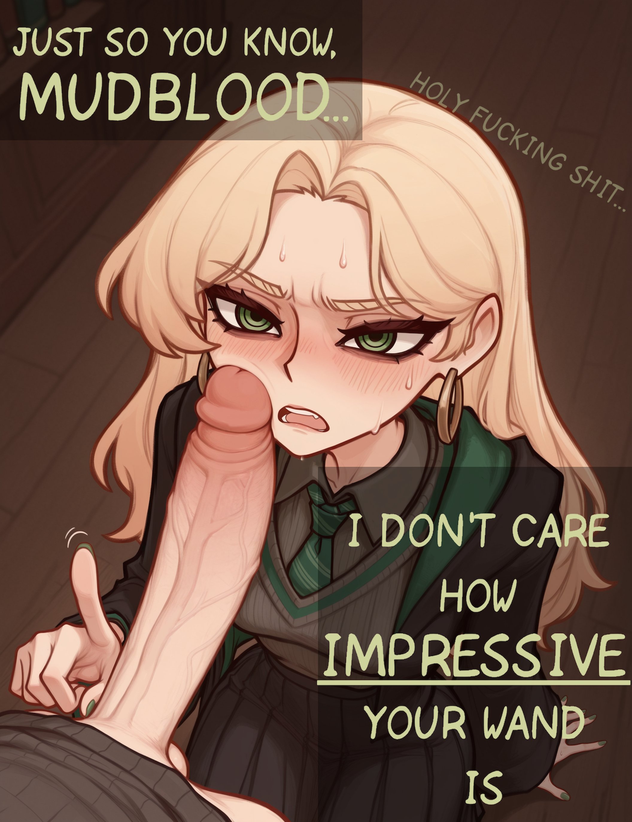 1boy, 1girls, ai assisted, big penis, blonde, blonde female, blonde hair, clothed female nude male, draco malfoy, draco malfoy (redteneri), english text, female, harry james potter, harry potter, human, humanoid penis, imminent fellatio, imminent oral, khan kuervo, large penis, long hair, male, rule 63, secretly loves it, spiral eyes, sweat, sweating, text, tsundere, veiny penis