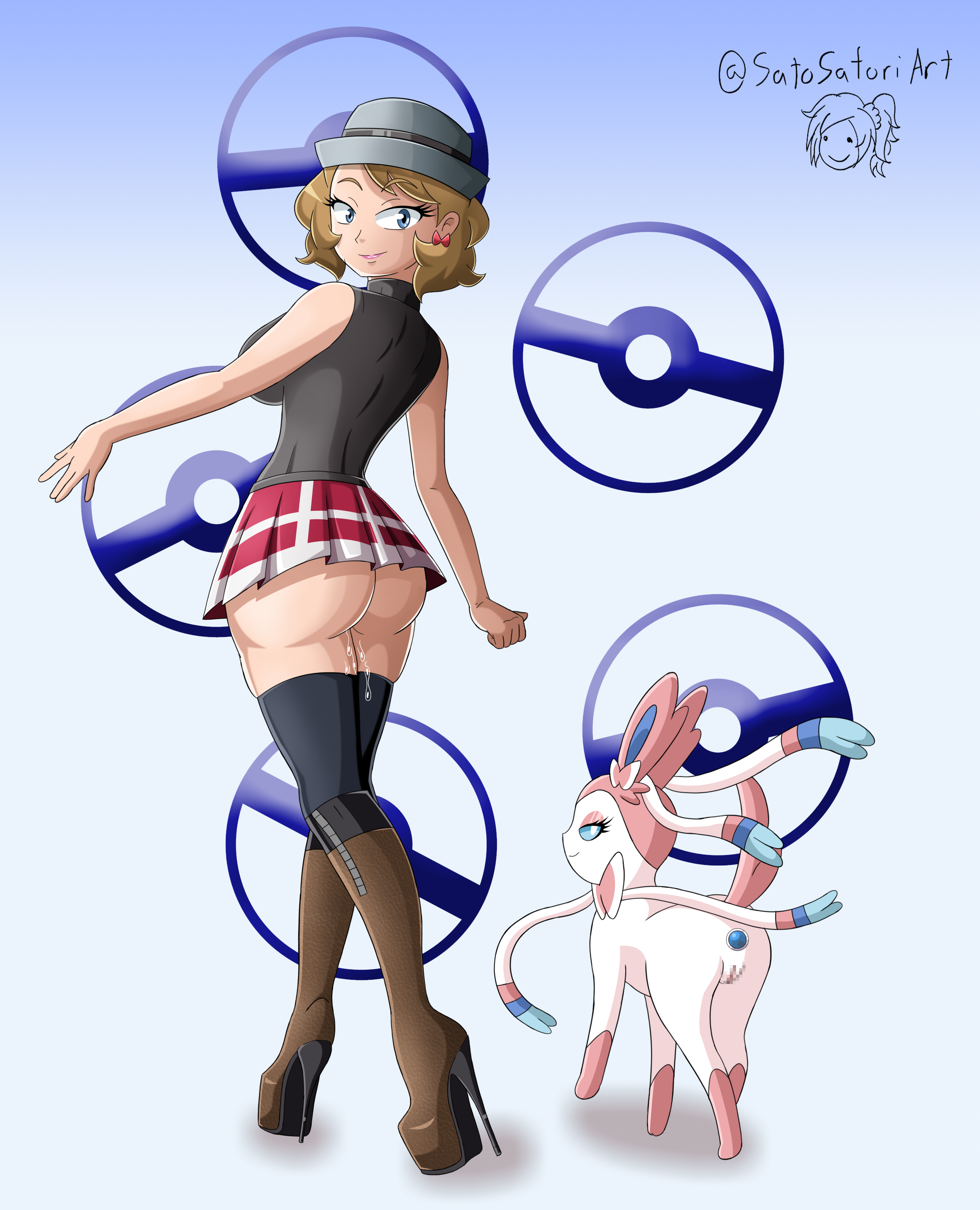 1girls, alternate costume, anal plug, ass, big ass, bottomless, bottomless female, bottomless skirt, buttplug, censored, female, from behind, fur, furry, high heels, microskirt, mosaic censoring, no panties, official alternate costume, platform heels, pokemon, pokemon (anime), pokemon (species), pokemon journeys, pokemon xy, pussy, pussy juice, satosatori, serena (pokemon), sex toy, short skirt, skirt, sylveon