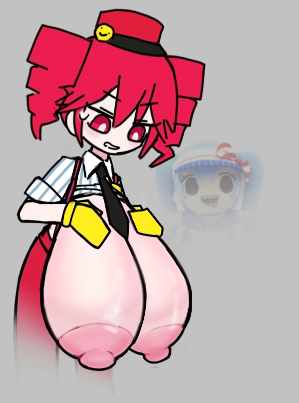 1girls, 2d, 2d (artwork), areolae, big breasts, big nipples, black necktie, blouse, breasts, breasts bigger than head, breasts bigger than torso, breasts focus, breasts out, character in background, clothed, clothed female, clothing, collared shirt, drill hair, exposed breasts, fat breasts, fat nipples, female, female only, gigantic breasts, gloves, grey background, hanging breasts, hat, hatsune miku, high waisted pants, high-waist pants, huge areolae, huge breasts, huge nipples, kasane teto, large areolae, large breasts, looking at breasts, looking at own breasts, looking down, lowres, massive areolae, massive breasts, meme, mesmerizer (vocaloid), mesmerizer miku, mesmerizer teto, mv character, necktie, nipples, no bra, pants, petite, petite body, petite female, plump, plump breasts, plump nipples, red eyes, red hair, red hat, red pants, round breasts, shiny breasts, shiny skin, shirt, shirt lift, shirt up, simple background, skinny, skinny female, slim girl, slim waist, smiley face, solo, striped shirt, sweat, sweatdrop, sweating, swoiffer2, synthesizer v, teeth, top heavy, twin drills, utau, vertical-striped shirt, vocaloid, white pupils, yellow gloves