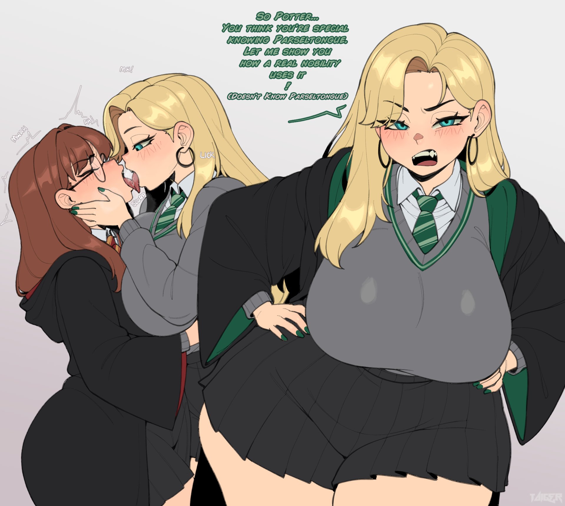 ass, blonde hair, breasts, curvy, draco malfoy (redteneri), female, female only, fully genderswapped group, genderswap (mtf), green eyes, grey background, harry james potter, harry potter, hoop earrings, huge ass, huge breasts, simple background, taigerarts, thick, thick thighs, thighs, tongue kiss, wide hips, yuri