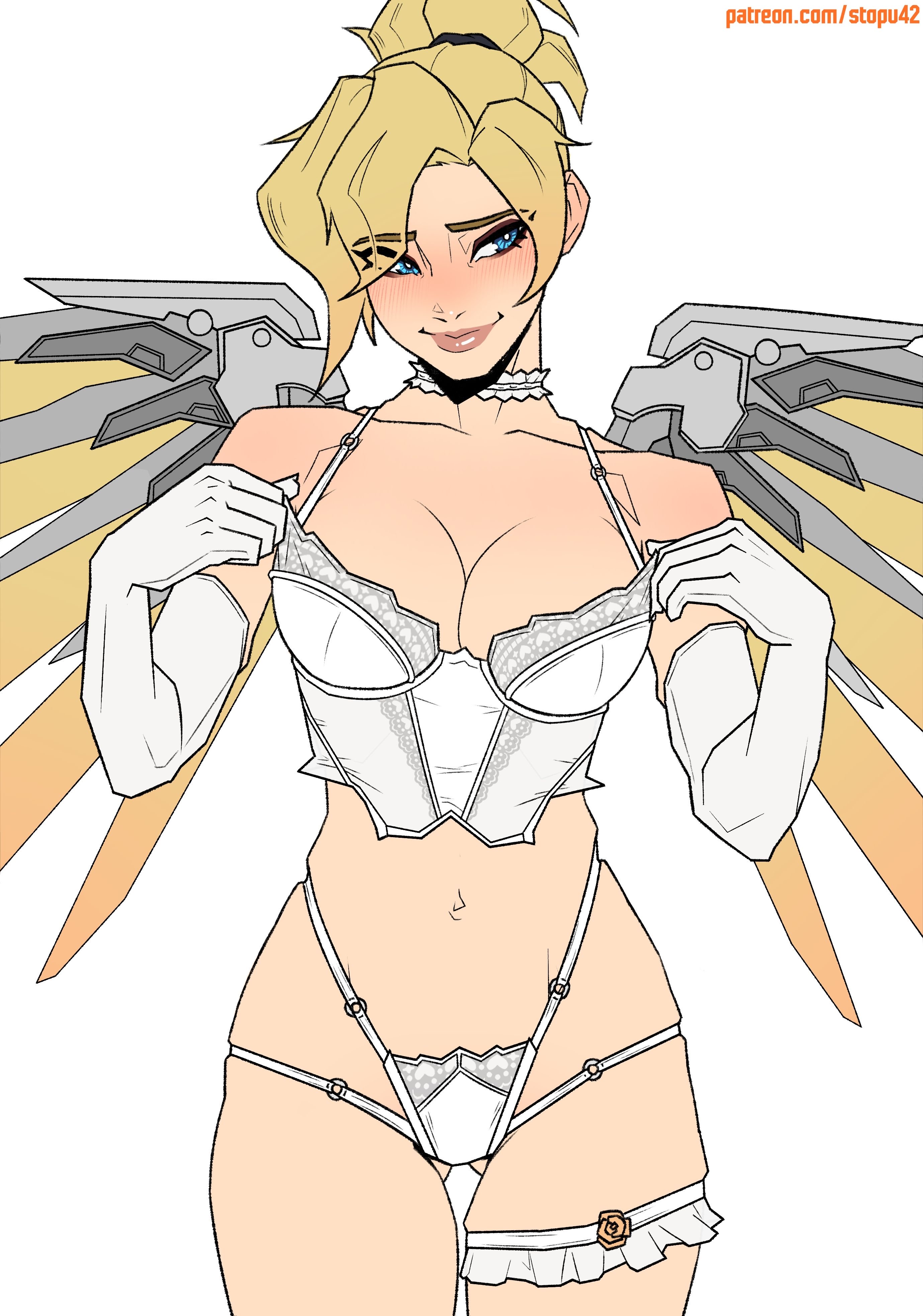 1girls, big breasts, blonde hair, blue eyes, breasts, cleavage, female, female only, large breasts, lingerie, mechanical wings, mercy, overwatch, stopu, wings