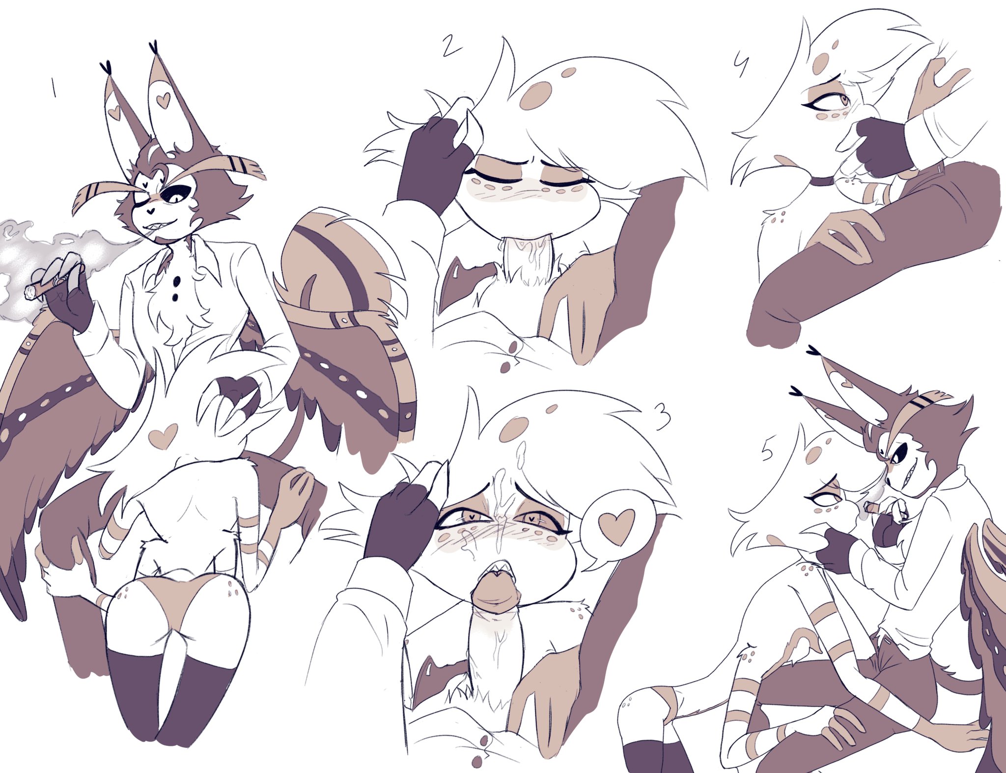 angel dust (hazbin hotel), anthro, blowjob, fellatio, gay, gay sex, hazbin hotel, husk (hazbin hotel), male, male only, male/male, oral sex, smoking, wings, yaoi