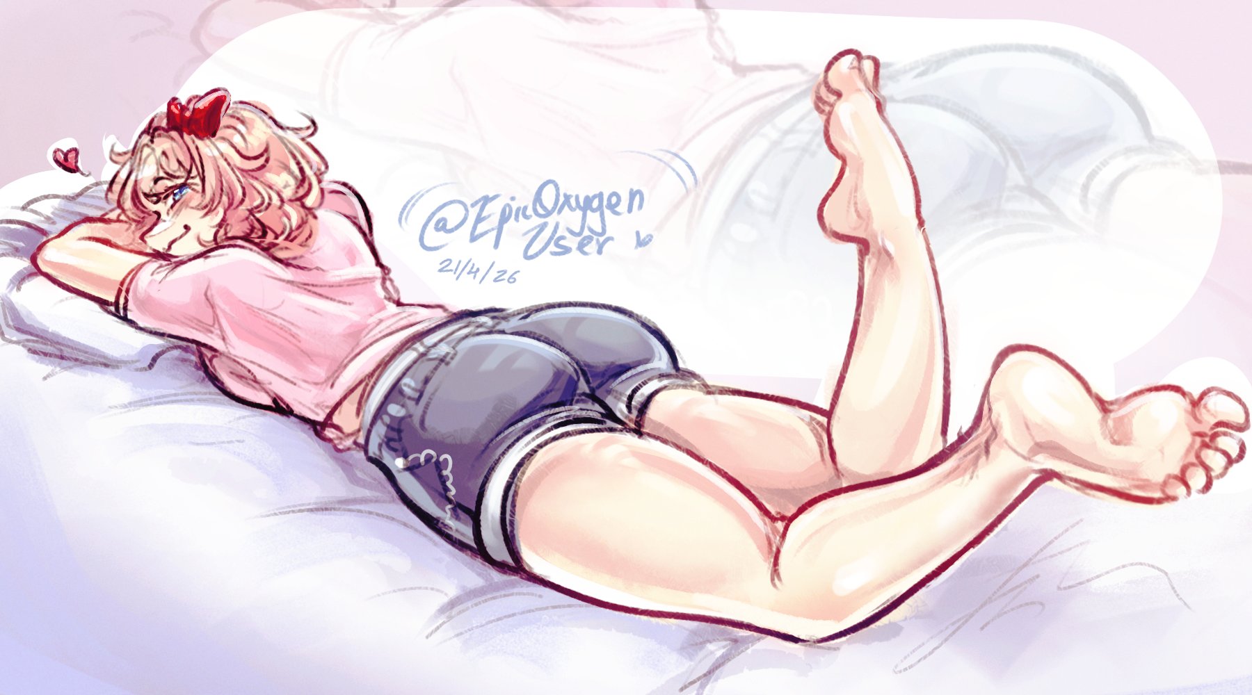 big butt, butt, butt focus, doki doki literature club, epicoxygenuser, feet, feet focus, looking at viewer, lying on bed, on bed, on stomach, pinup, sayori (doki doki literature club), smiling at viewer, smirk, soles