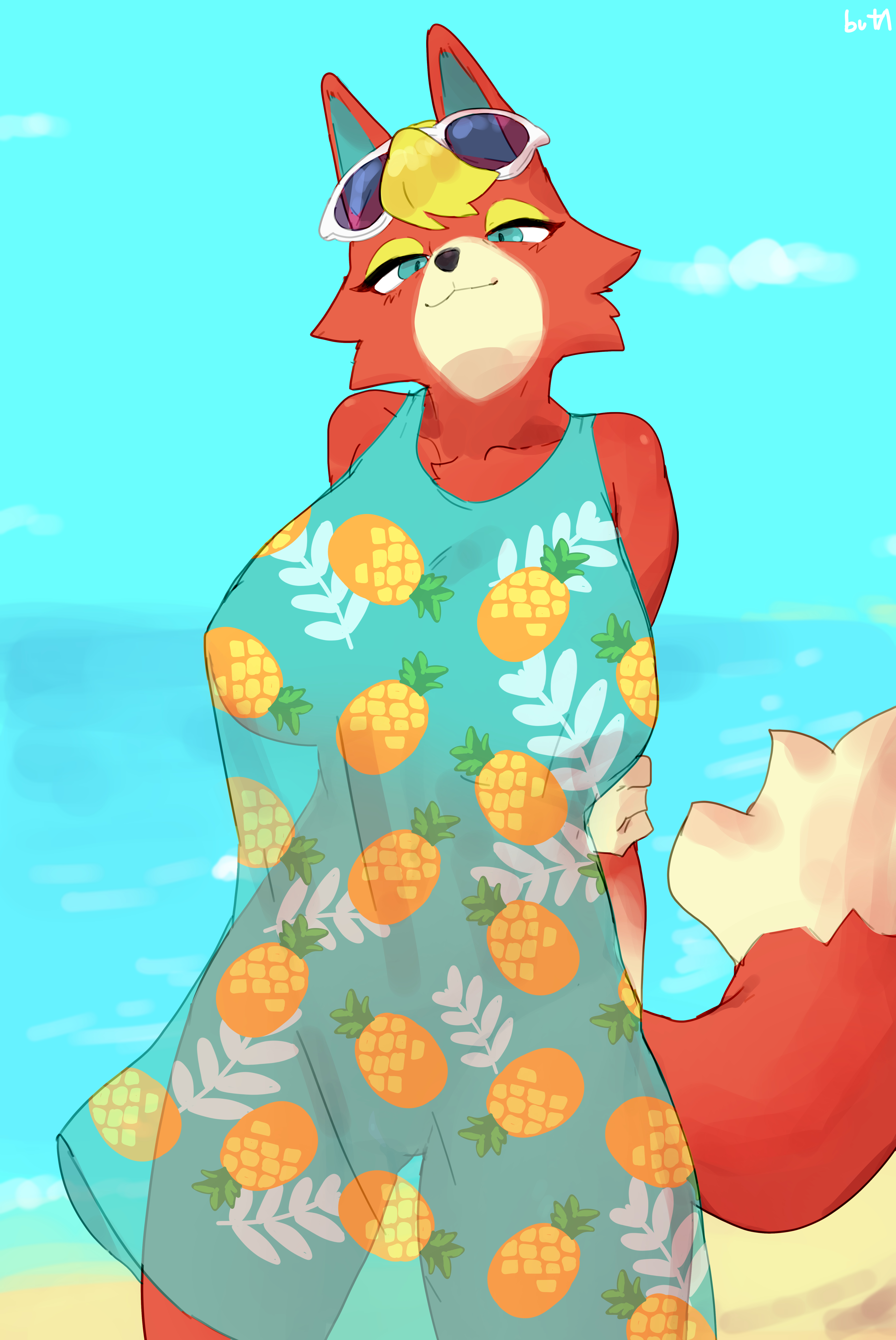 1girls, 2024, absurd res, alternative fashion, animal crossing, anthro, audie (animal crossing), big breasts, blonde hair, breasts, buta99, canid, canine, canis, clothed, clothing, cloud, day, eyewear, eyewear on head, female, female only, fingers, front view, fur, furry, green eyes, hair, looking at viewer, mammal, narrowed eyes, nintendo, outside, red body, red fur, sky, smile, smiling, smiling at viewer, solo, standing, sunglasses, sunglasses on head, tail, water, wolf