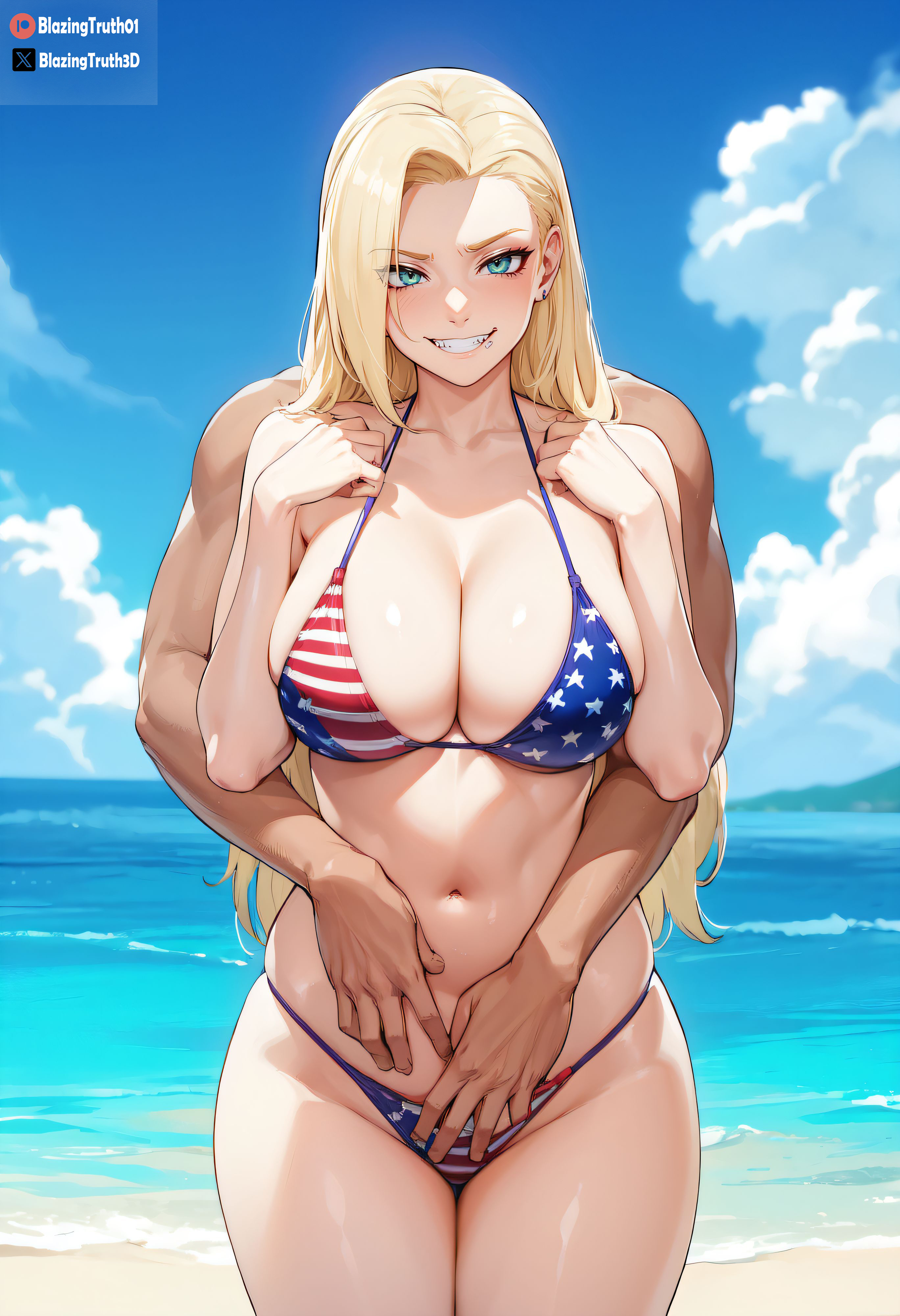 1boy, 1girls, ai generated, american flag, american flag bikini, bare shoulders, bare thighs, beach, big breasts, bikini bottom, bikini top, blazeren ai/3d, blonde hair, blue eyes, boruto: naruto next generations, breasts, collarbone, curvaceous, faceless male, female, female focus, grabbing, grabbing from behind, grin, hair down, hair over one eye, hug, huge breasts, hugging, hugging from behind, ino yamanaka, large breasts, legs together, loose hair, male, mature, mature female, midriff, milf, muscular, muscular male, naruto, naruto (series), naruto shippuden, naruto: the last, naughty, naughty face, naughty smile, navel, ocean, patreon username, revealing swimsuit, sagging breasts, sand, seaside, skimpy, skimpy bikini, smile, snowbunny, swimsuit, thighs, twitter username, unseen male face, upper body, very long hair, voluptuous, water, watermark, wide hips