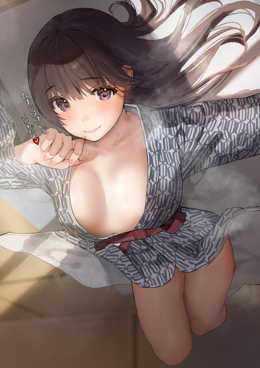 bare_calves bare_chest bare_hands bare_knees bare_legs bare_skin bare_thighs black_hair black_hair_female blush blush blush_lines blushing_female breasts breasts_apart brown_eyes brown_hair chest closed_mouth collarbone eyebrows_visible_through_hair female fingernails hourglass_figure indoors inushima japanese_clothes kimono knees laying_down laying_on_back laying_on_bed lips long_hair long_sleeves looking_at_viewer lying medium_breasts nail nail_polish on_back on_bed original original_art original_artwork original_character pink_fingernails pink_nail pink_nail_polish purple_eyes purple_eyes_female sash slender_body slender_waist slim_girl slim_waist smile solo tareme thighs thin_waist upside-down wide_sleeves yukata