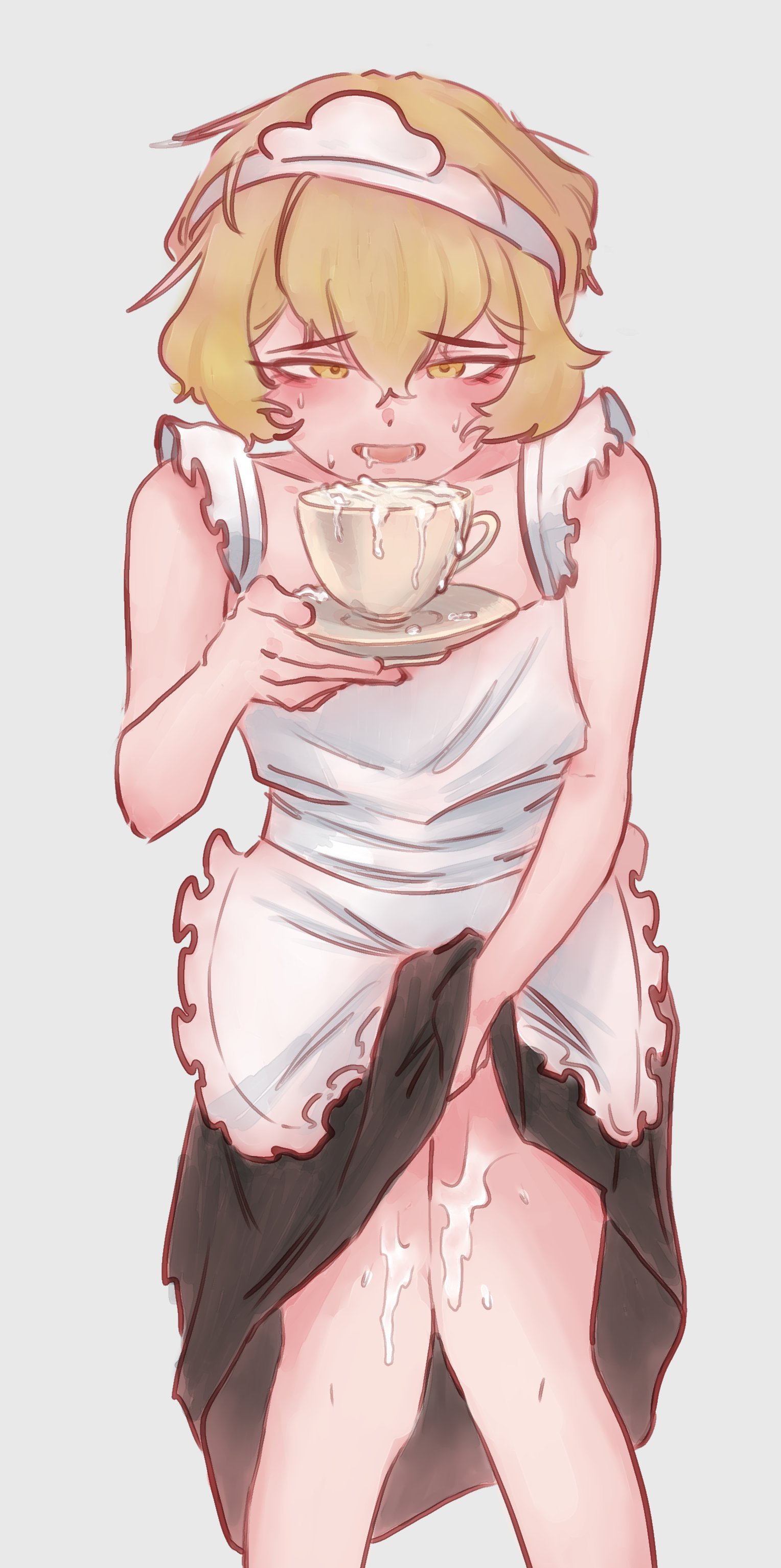 1boy, after masturbation, blush, clothed, clothing, crossdressing, cum, cum drip, cum in container, cum on body, cup, femboy, femboy focus, femboy only, limbus company, luci loserr, maid, maid headdress, maid uniform, male, masturbation, project moon, sinclair (limbus company)