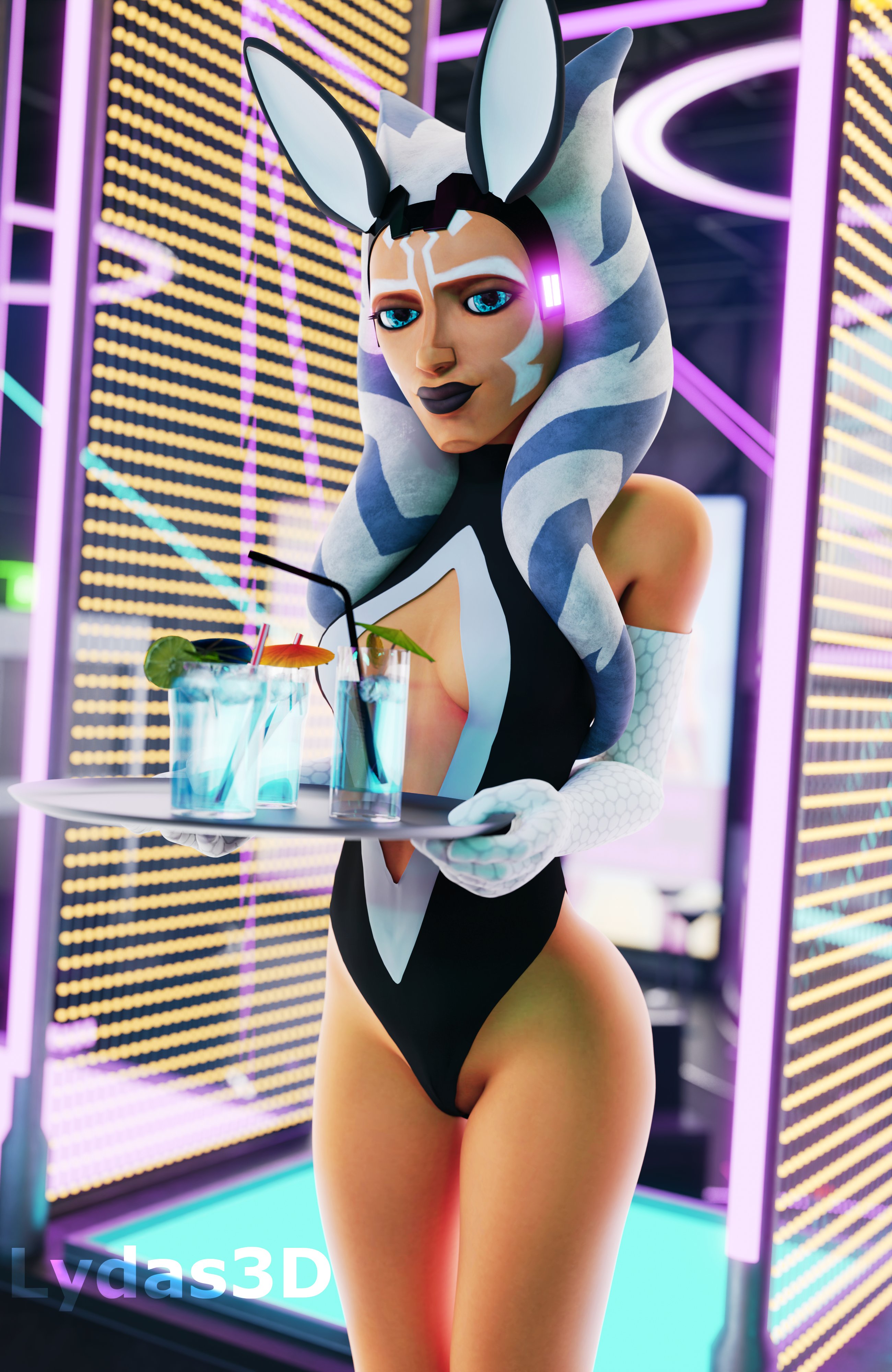 1girls, 3d, ahsoka tano, airress3d (3d-modeller), alien, alien girl, alien humanoid, armwear, athletic, athletic female, blender, blue eyes, boob window, breasts, bunny costume, bunny ears, bunny girl, bunnysuit, cleavage, clone wars, clothing, costume, face markings, facial markings, female, female focus, female only, handwear, highres, holding tray, lekku, lekku (anatomy), looking at viewer, lucasfilm, lydas3d, orange body, orange skin, presenting, presenting breasts, pussy, pussy lips, pussy peek, serving tray, smile, smiling, solo, solo focus, star wars, the clone wars: season seven, togruta, tray, vagina, watermark