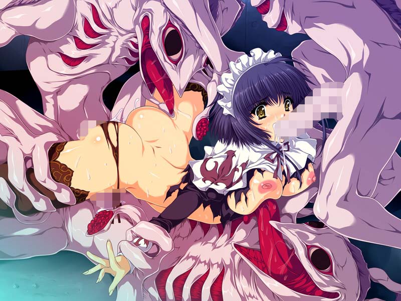 arched_back big_breasts breasts censored double_penetration fellatio fucked_silly hair huge_tongue large_breasts leg_grab licking licking_breast monster oral penetration purple_hair spread_legs stomach_bulge thighhighs torn_clothes yellow_eyes zanjibaru