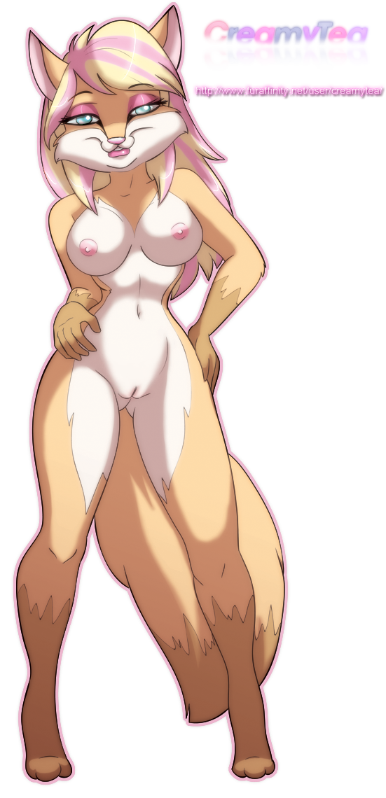 blonde_hair blue_eyes breasts canine creamytea eyeliner female fox hair hand_on_hip lipstick long_hair long_tail looking_at_viewer multicolored_hair nude pink_eye_shadow pink_hair pussy solo streaks tail