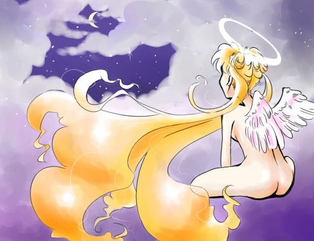 1girls 2005 angel bishoujo_senshi_sailor_moon blonde_hair female female_only halo long_hair night nude princess_serenity sailor_moon solo teowli usagi_tsukino wings