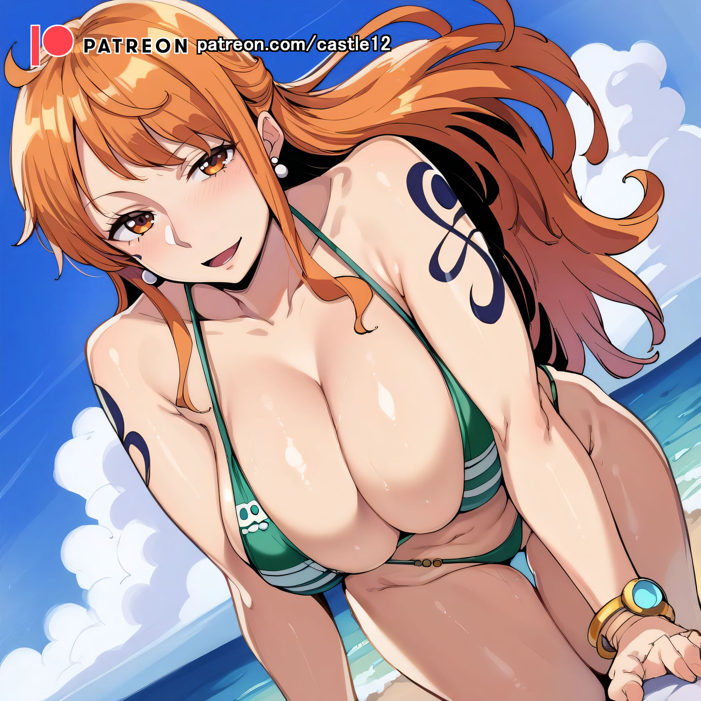 1girls, ai generated, alternate breast size, big breasts, bikini, breasts, busty, castle12, curvaceous, curvy, curvy body, curvy female, curvy figure, female, huge breasts, large breasts, male, nami (one piece), nipples, one piece, post-timeskip, sweat, sweaty body, sweaty breasts, swimwear, thick thighs, thighs
