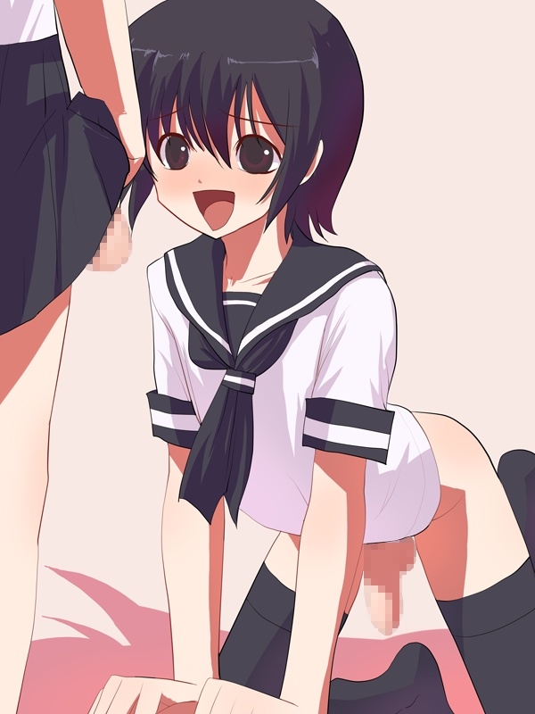 2boys, 2d, 2n5, all fours, arched back, black hair, blush, bottomless, brown eyes, censored, crossdressing, femboy, gay, girly, male, male only, multiple boys, multiple males, no panties, open mouth, penis, pleated skirt, school uniform, serafuku, short hair, skirt, skirt lift, source request, tagme, thighhighs, trap, trap on trap, yaoi