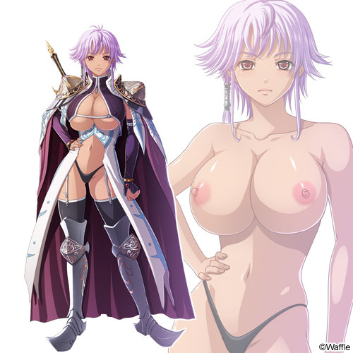 armor breasts cleavage dark_skin garter_belt gladys_(kyonyuu_fantasy) gladys_von_walkenheim human_only kyonyuu_fantasy kyonyuu_fantasy_gaiden large_breasts lowres nipples panties purple_hair sword thighhighs topless underboob underwear waffle