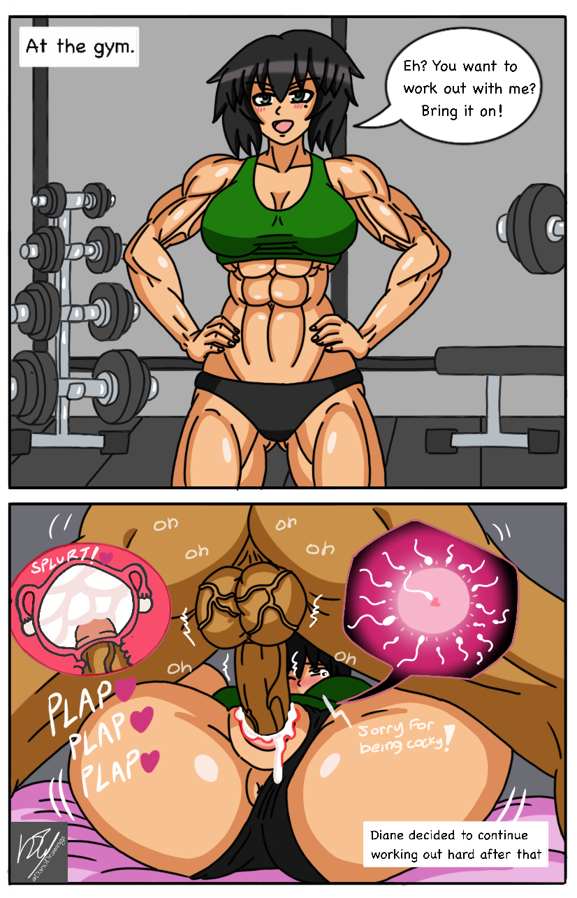 abs comic_page commission danodrawings dark-skinned_female diane_(oc) digital_media_(artwork) ejaculation fertilization mating_press muscular_female original_character sex sportswear tagme vaginal_penetration virginal_blood