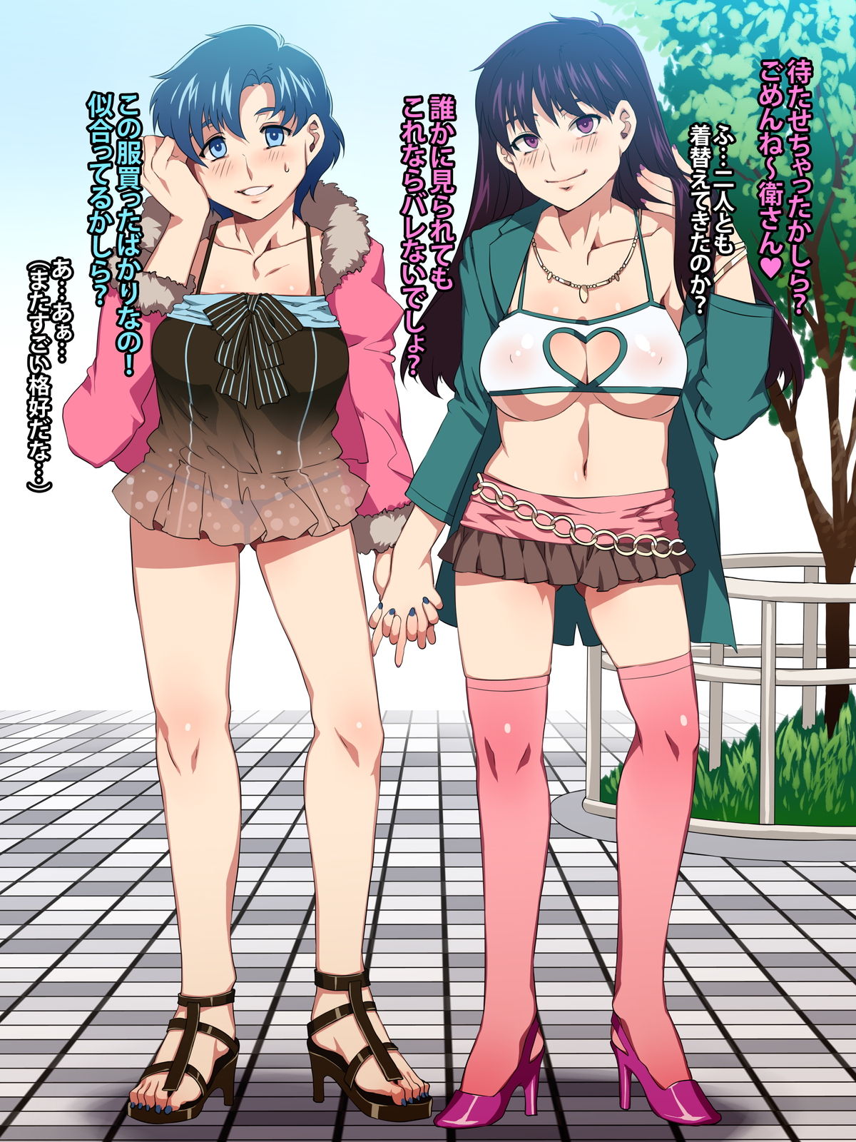 2girls ami_mizuno bad_anatomy bad_proportions bishoujo_senshi_sailor_moon blue_eyes blue_hair blush body_blush bracelet breasts cleavage cleavage_cutout clothing coat dress female female_only halter_top halterneck hand_holding high_heels highres holding_hands human jacket jewelry large_breasts legs long_hair mizuryuu_kei multiple_females nail_polish necklace nipples panties prostitute prostitution rei_hino ribbon sandals shoes skirt small_breasts smile stockings sweat thighhighs thighs translated underwear voluptuous