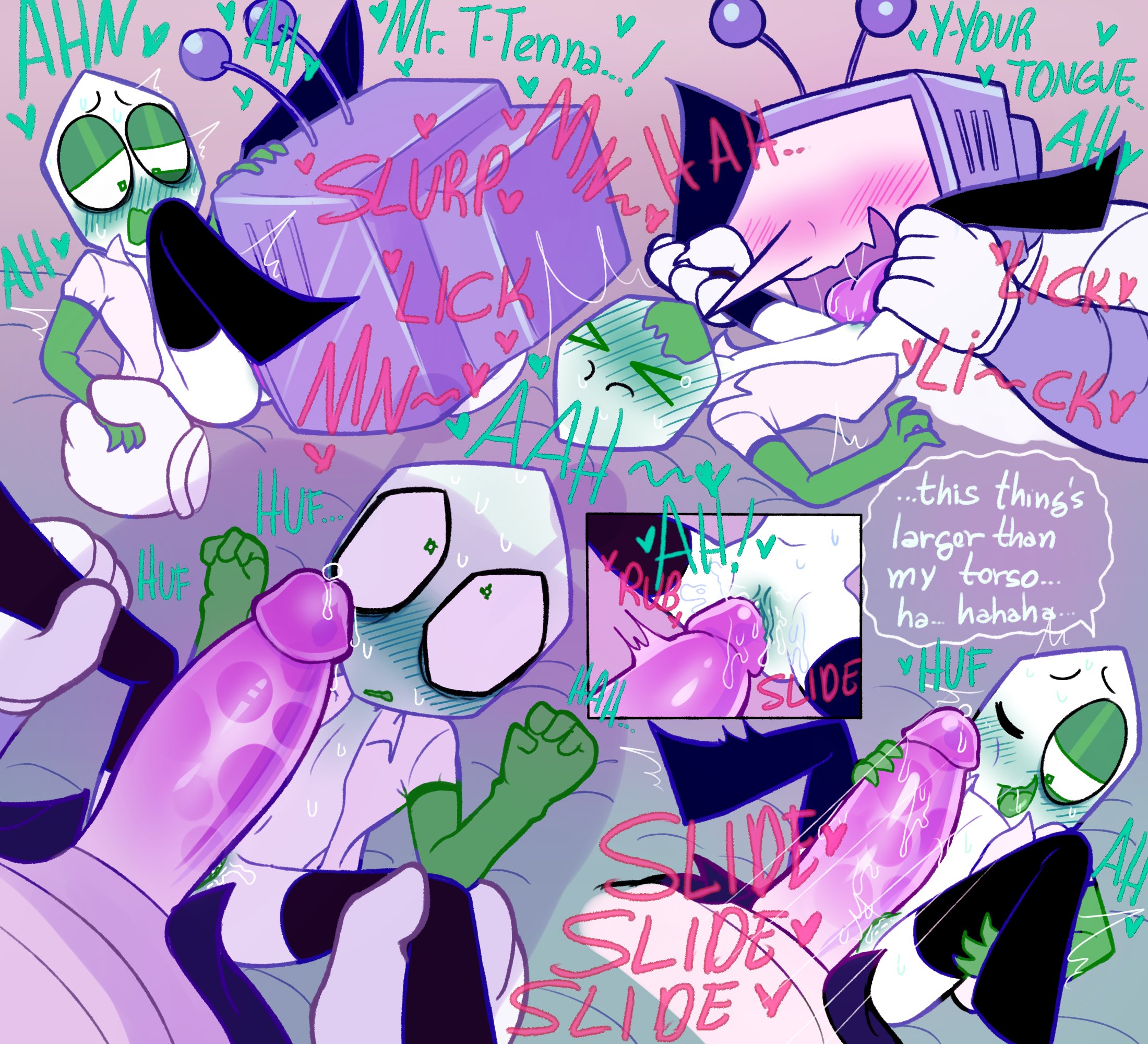 battat (deltarune), blush, cunnilingus, cuntboy, deltarune, deltarune chapter 3, gay, gay sex, intersex, male, penis, penis rubbing pussy, pippins (deltarune), precum, pussy, rubbing penis on pussy, size difference, stilisins, sweat, tenna (deltarune), trans man, transmasc, tv head, yaoi