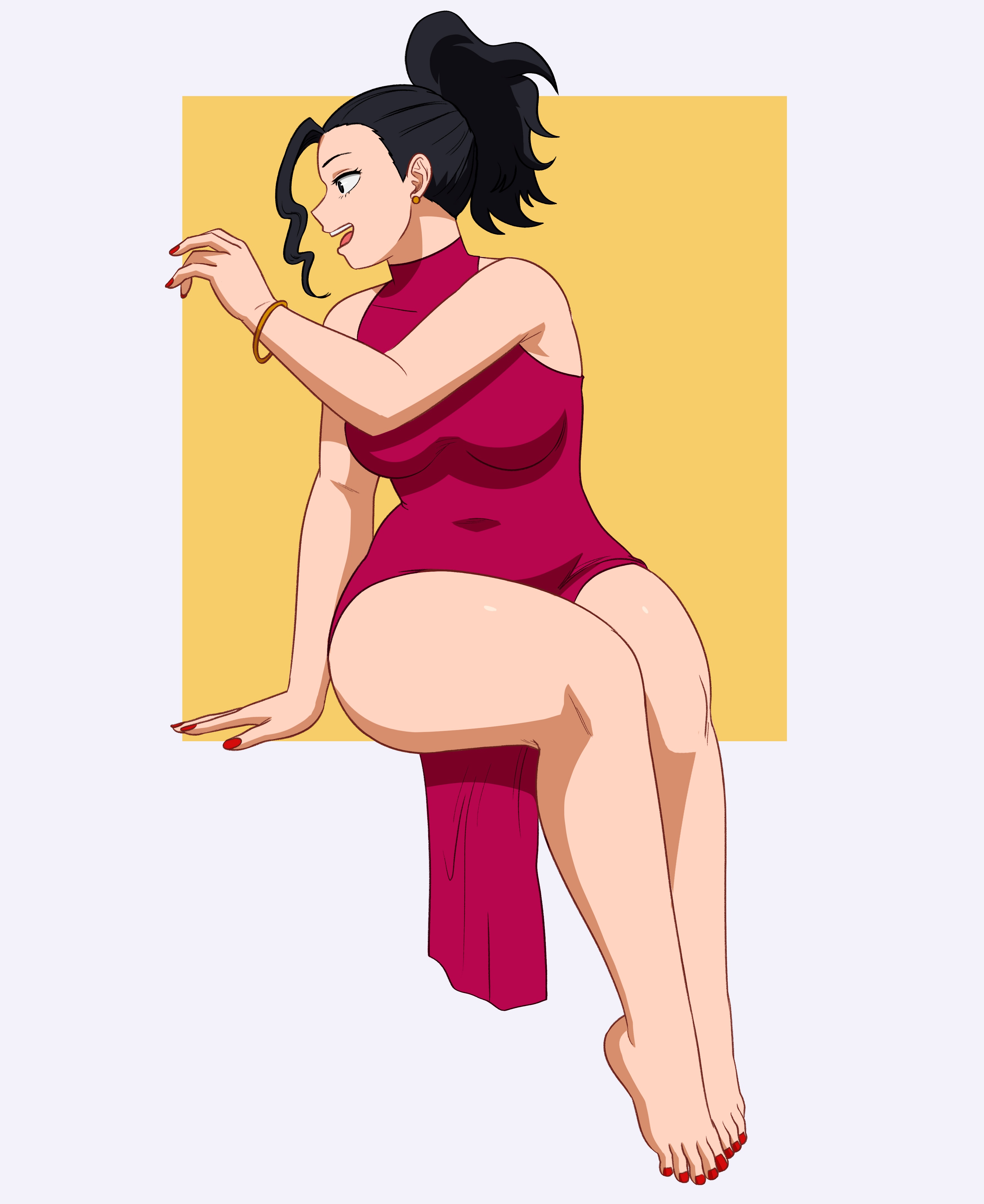 1girls, barefoot, black hair, black-haired female, boku no hero academia, feet, female, fetish, mfuncen, momo yaoyorozu, my hero academia, ponytail, short hair, solo