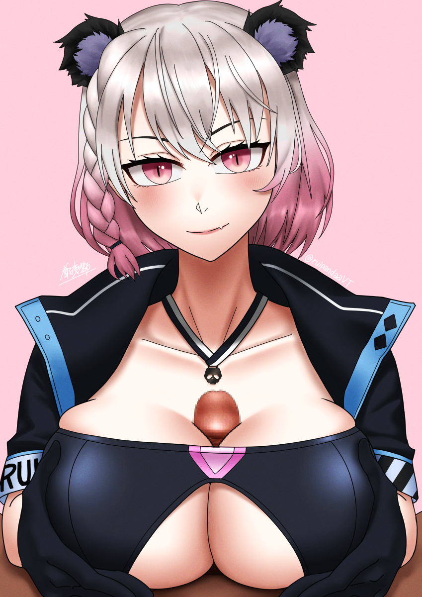 boobjob breasts looking_at_viewer multicolored_hair paizuri panda_ears penis penis_between_breasts pink_eyes ruiasaka ruipandaa titjob tsuyoshishi02 virtual_youtuber vtuber